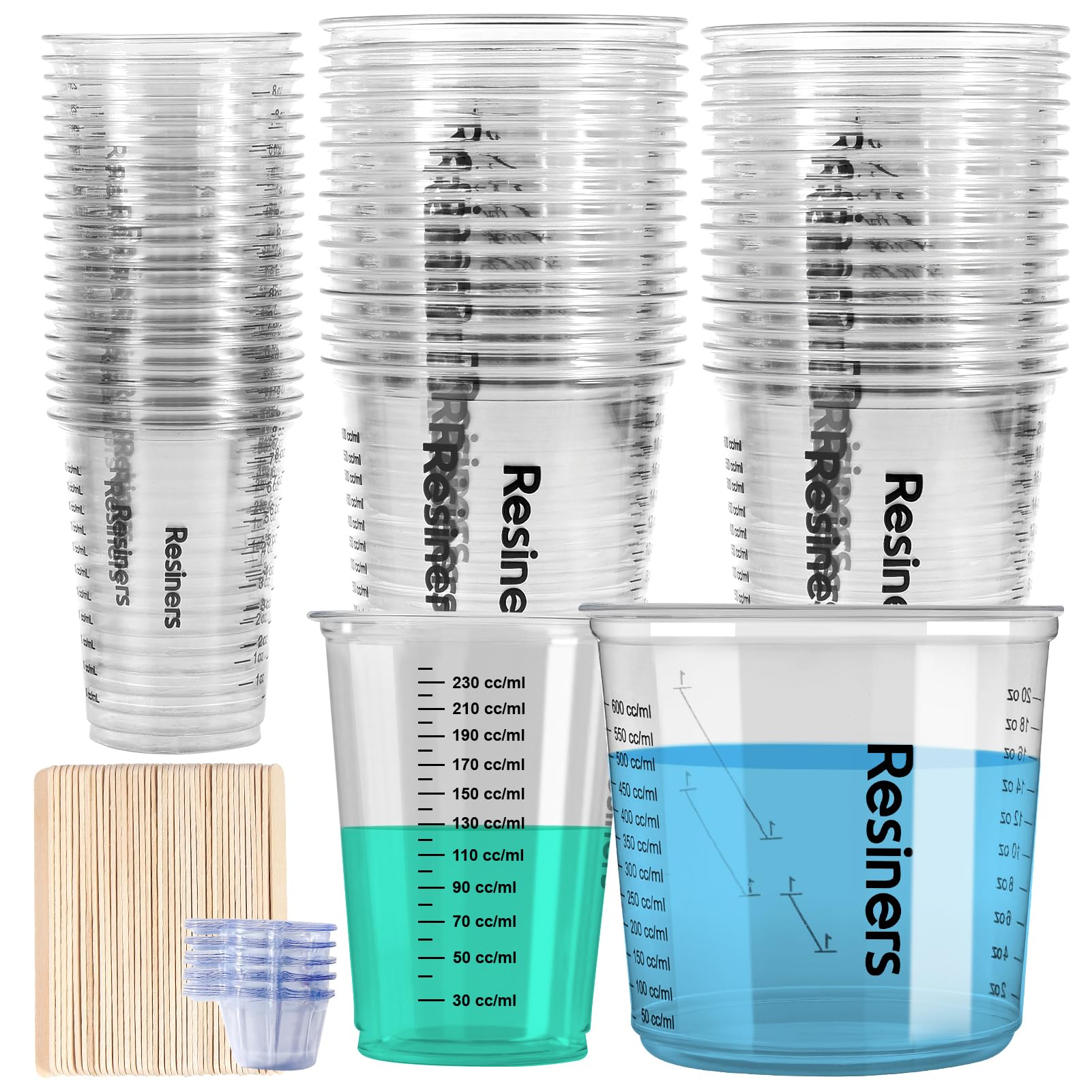 Resin Mixing Cups, Resiners 50PCS Epoxy Measuring Cups for Epoxy Resin, Paint, Crafts Use, with 30 X 24oz & 20 X 8oz Dual Sizes, 50 Measuring Cups, 50 Wooden Sticks, Clear Plastic