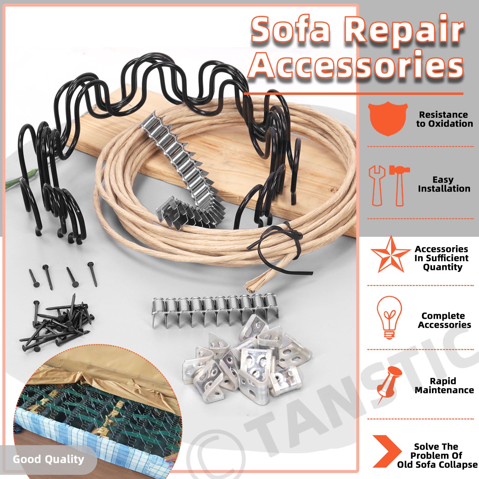 Tanstic Kit di riparazione a molla per divano da 40,6 cm, kit di ricambio per tappezzeria del divano, include molle, filo per tappezzeria, clip a molla per tappezzeria, clip per filo di