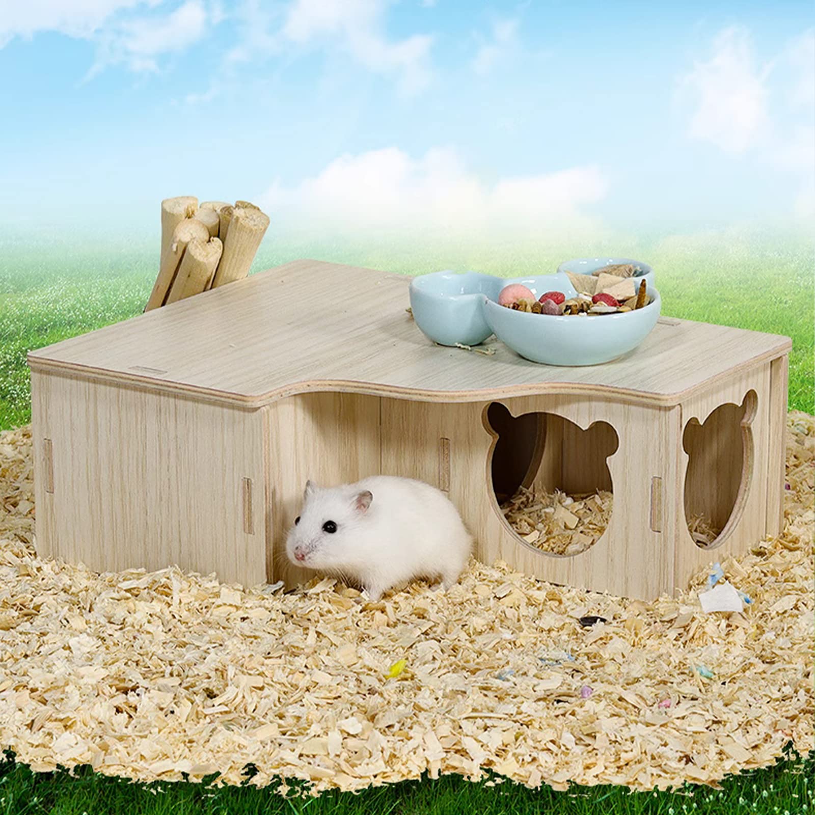 Maison en Bois pour Hamster, Hamster Maison d'angle en Bois, Maison Hamster, Maison Cochon d'Inde, pour Petits Animaux de Compagnie, Hamster Nain, Degus, Souris à Barbelés (22.5 * 17.8 * 8cm)