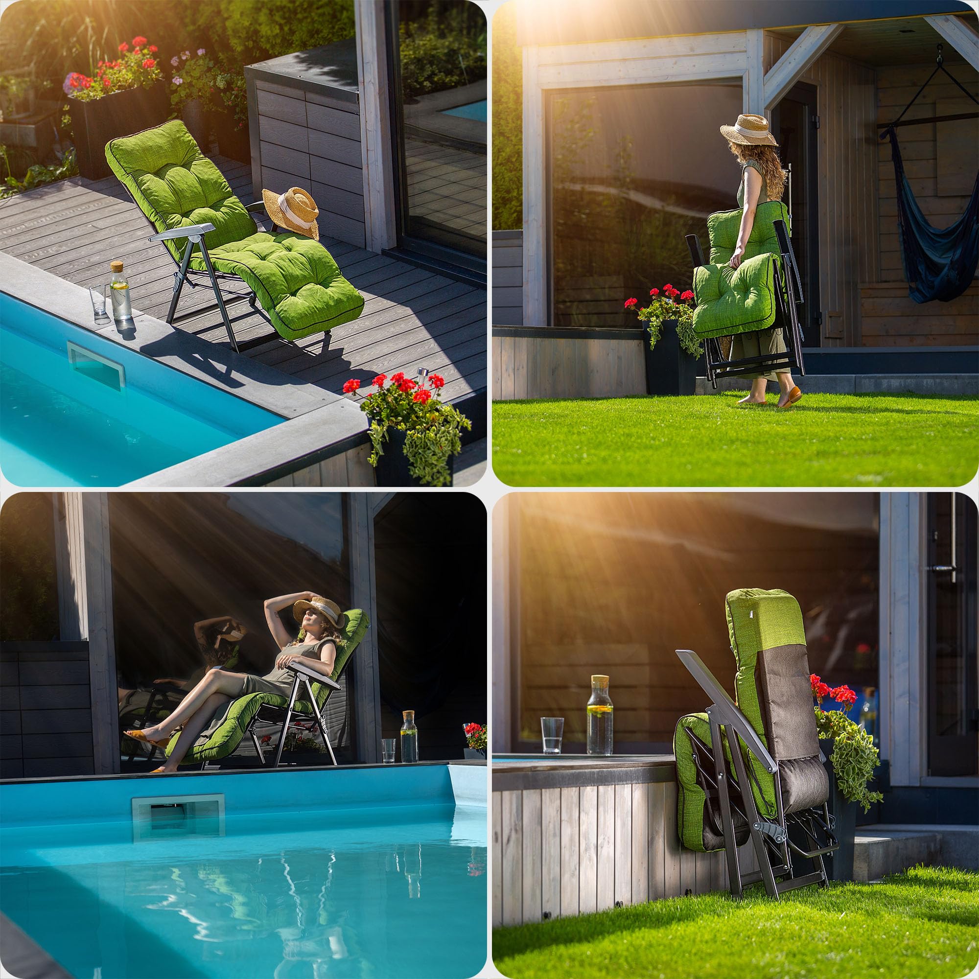 KADAX Silla de jardín con reposapiés, tumbona con cojín, tumbona plegable, tumbona de jardín con respaldo ajustable, sillón de jardín, silla de relax (verde)
