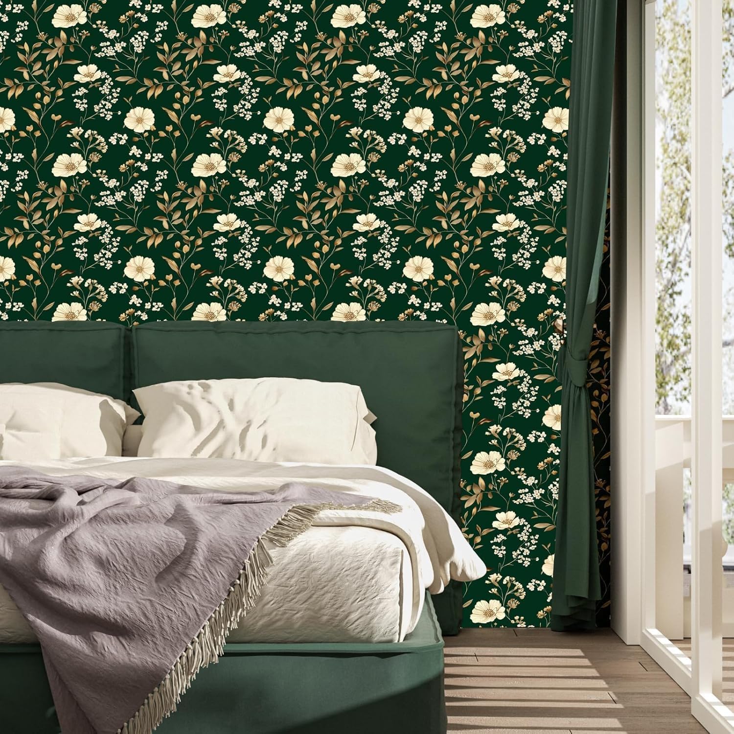 Vintage Leaf Wallpaper Peel and Stick Dark Green Floral Wallpaper 17.5'' x 393'' Gold Leaf Contact Paper Vinyl Waterproof Self Adhesive Boho Botanical Wall Paper for Bedroom Cabinet Decor