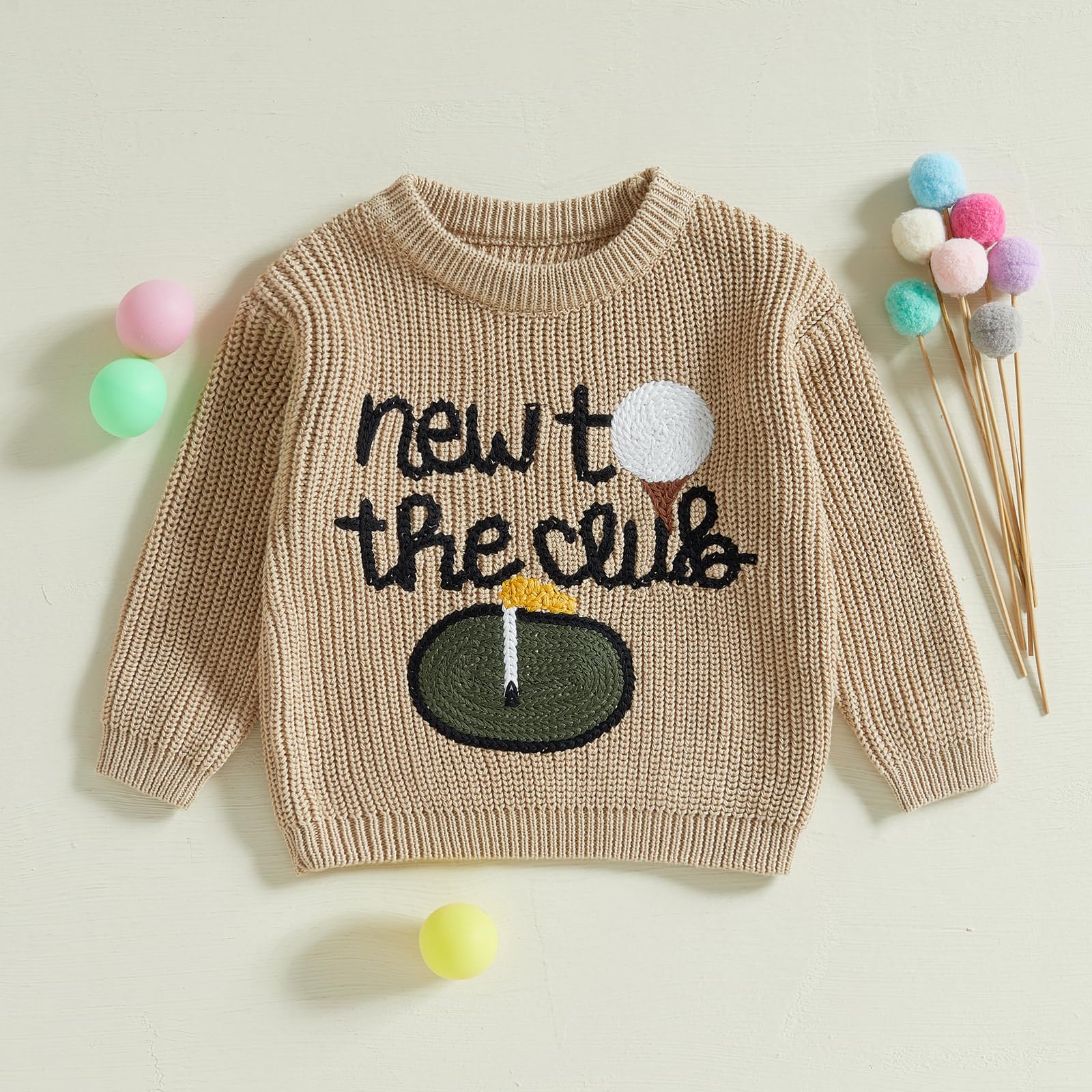 Toddler Baby Boy Girl Golf Outfit New to The Club Golf Knit Sweater Knitwear Pullover Top Fall Winter Clothes (Khaki, 0-3 Months)