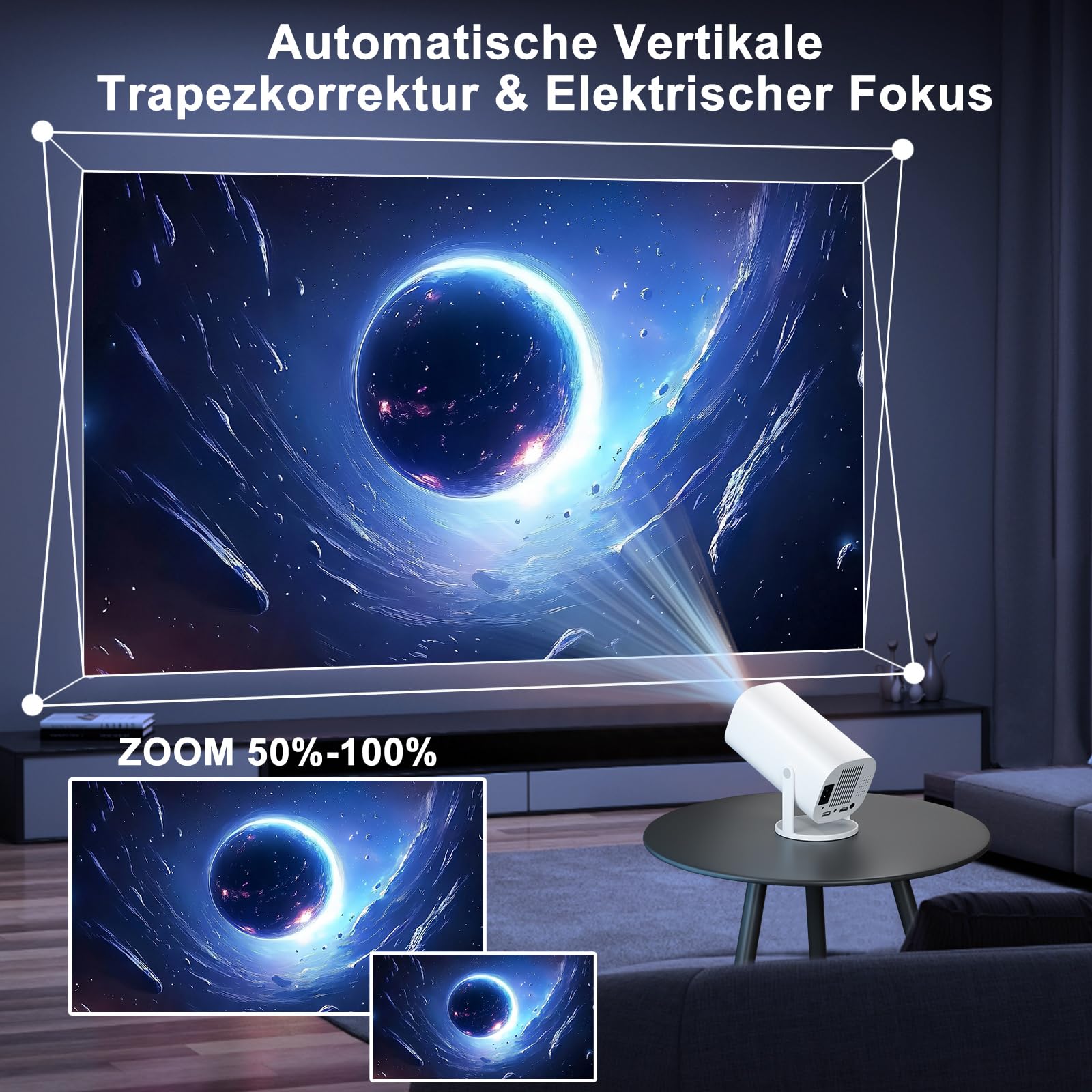 Mini proiettore Smart Full HD 1080P, piccolo proiettore home cinema con WiFi 6 e Bluetooth 5.2, supporta la correzione trapezoidale automatica, girevole a 180°, compatibile con HDMI/TV Stick/Memory