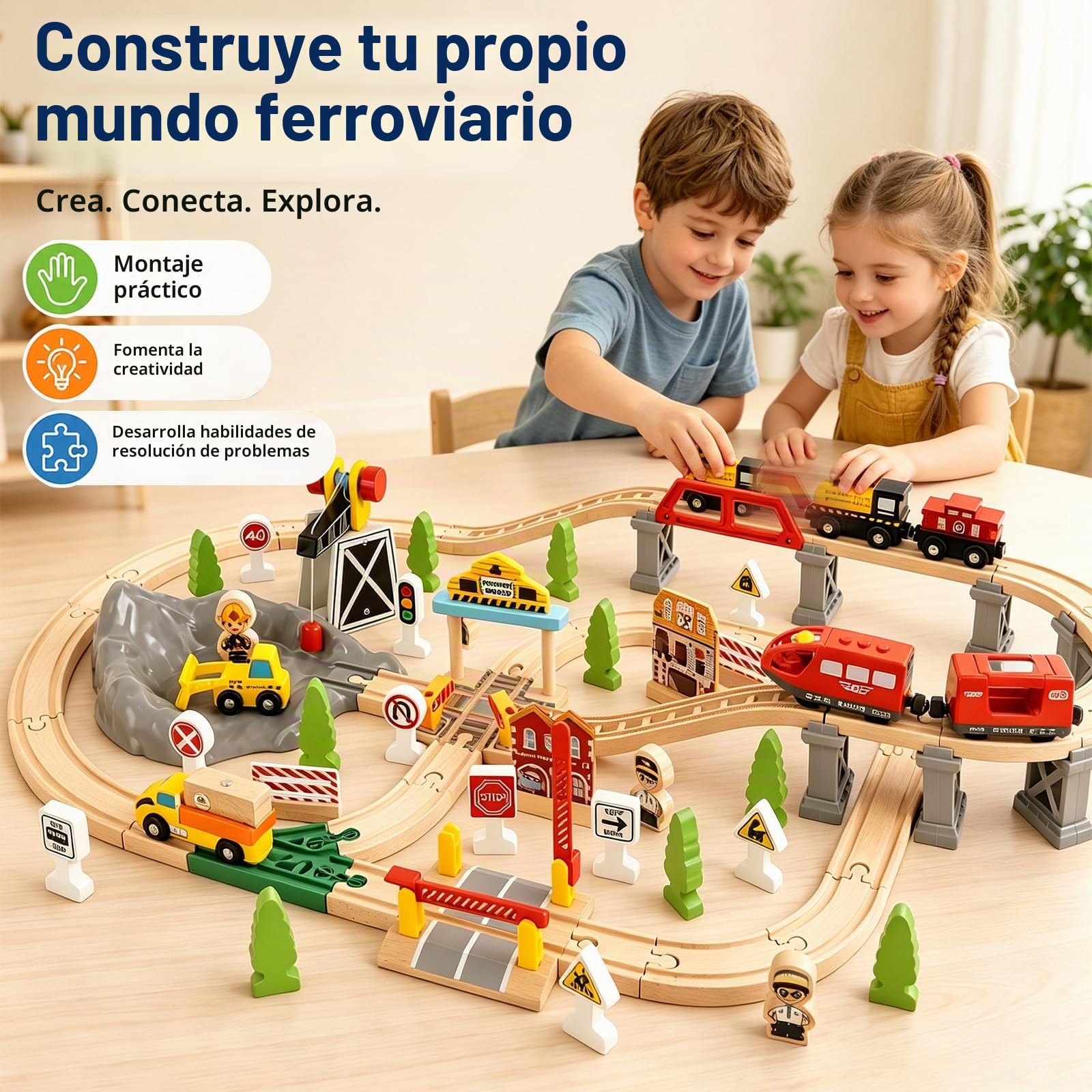 Tren de Madera para Niños, 100 Piezas Pistas de Tren Madera, con Tren Eléctrico y Grúa Magnética, Tren Juguetes Regalos de Cumpleaños y Navidad para Niños y Niña de 3+ Años