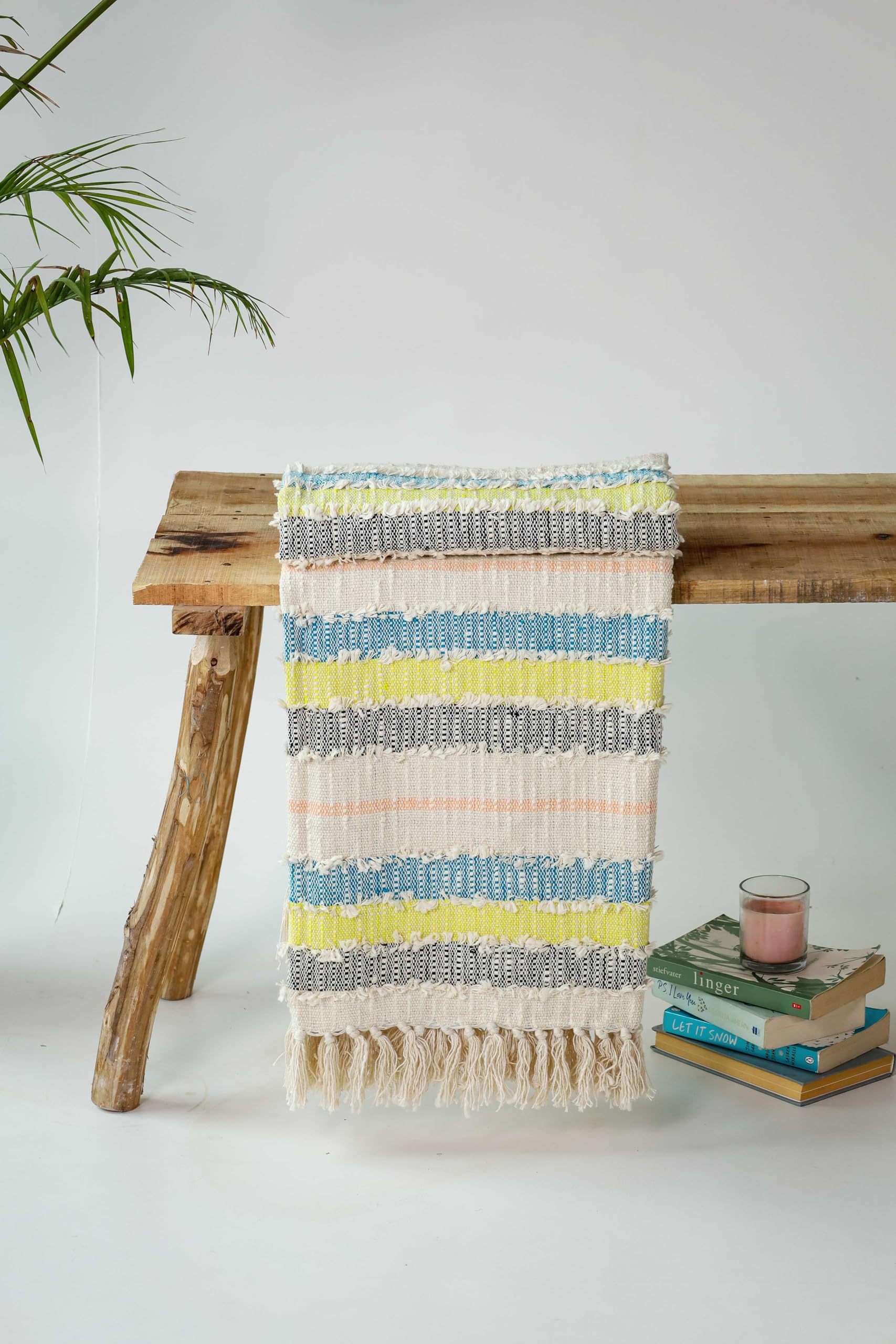 Marrakesch Plaid | Deko-Plaids | Sofaüberwurf für alle Jahreszeiten | 130x180 cm | mit Fransen | 100% Baumwolle | Creme und Mehrfarbig