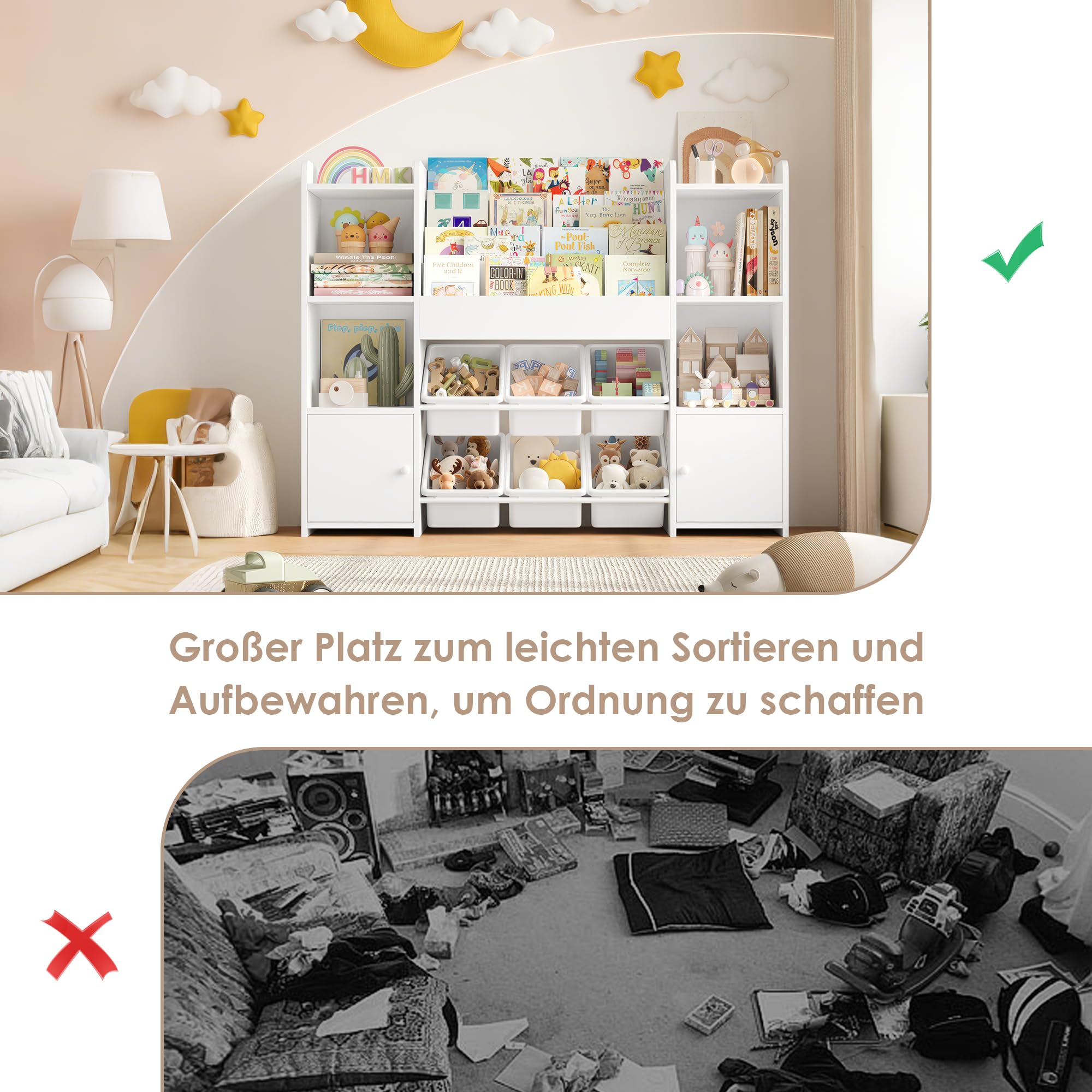 FOREHILL Kinderregal mit Kinderbücherregal Kinderzimmer Möbel aus Holz Bücherregal für Kinder mit Aufbewahrungsbox Kinderschrank mit Spielzeugkiste Kinderregal mit 6 Boxen 119 x 29,5 x 94 cm weiß