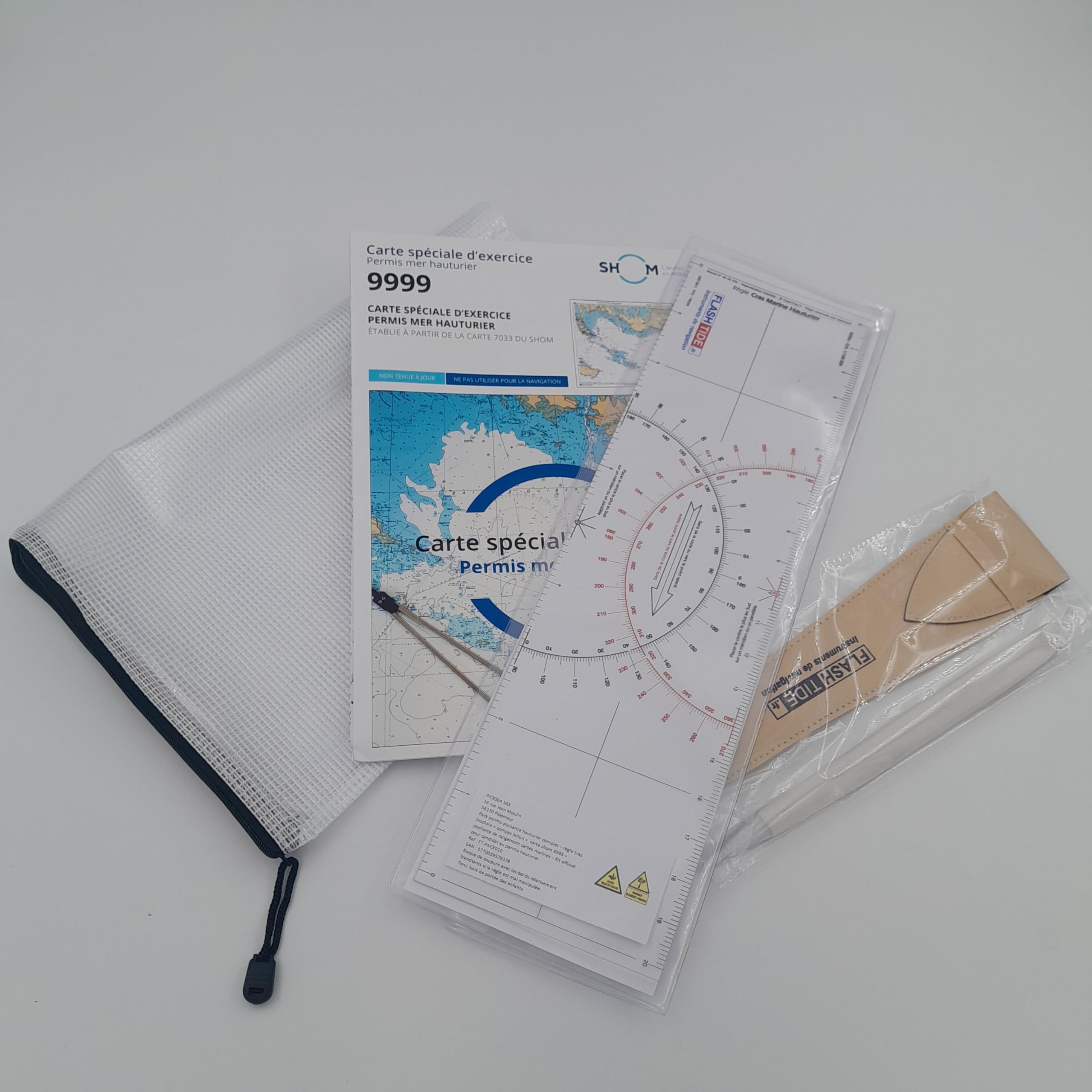 Pack permis Plaisance hauturier Complet - Règle Cras Bicolore + Compas Laiton + Carte SHOM 9999 + Pochette de Rangement Cartes Marines - Kit Officiel pour Candidat au Permis Mer Hauturier