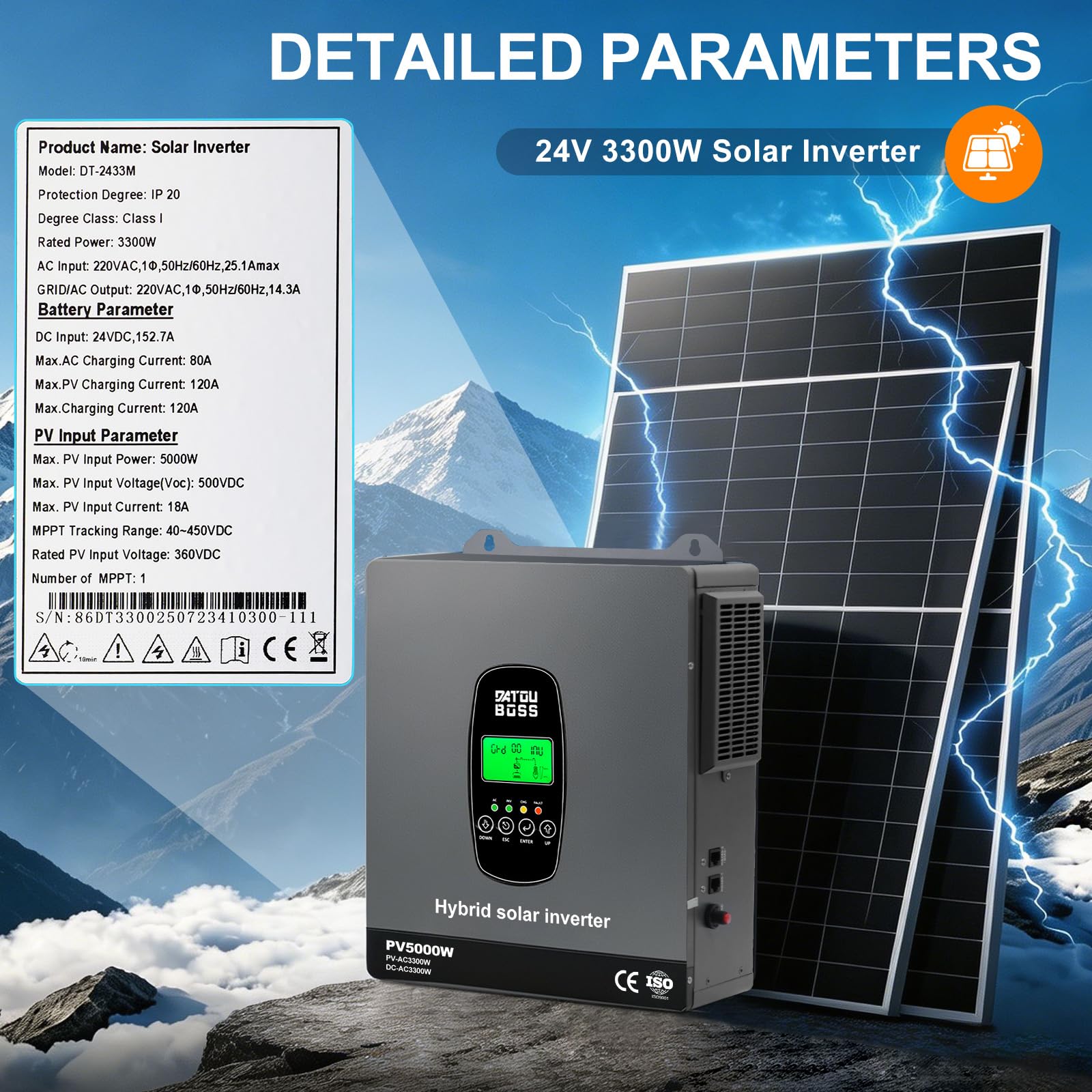 DATOUBOSS Hybrydowy falownik solarny 3300W 24V, czysta sinusoida, 24V DC na 220V/230V AC, z kontrolerem ładowania MPPT 100A i systemem ochrony BMS, do baterii litowych (24V 3300W)