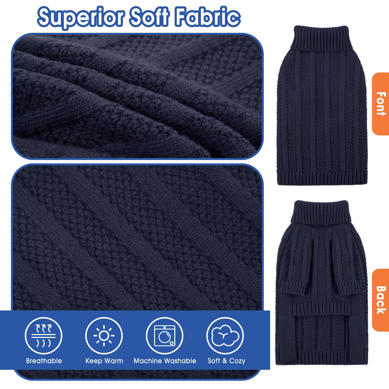 Queenmore Dog Jumper Small, Blue Turtleneck Long Sleeve Dog Sweater for Yorkshire Poodle, Cockapoo, Pomeranian (Navy, S) - Image 3