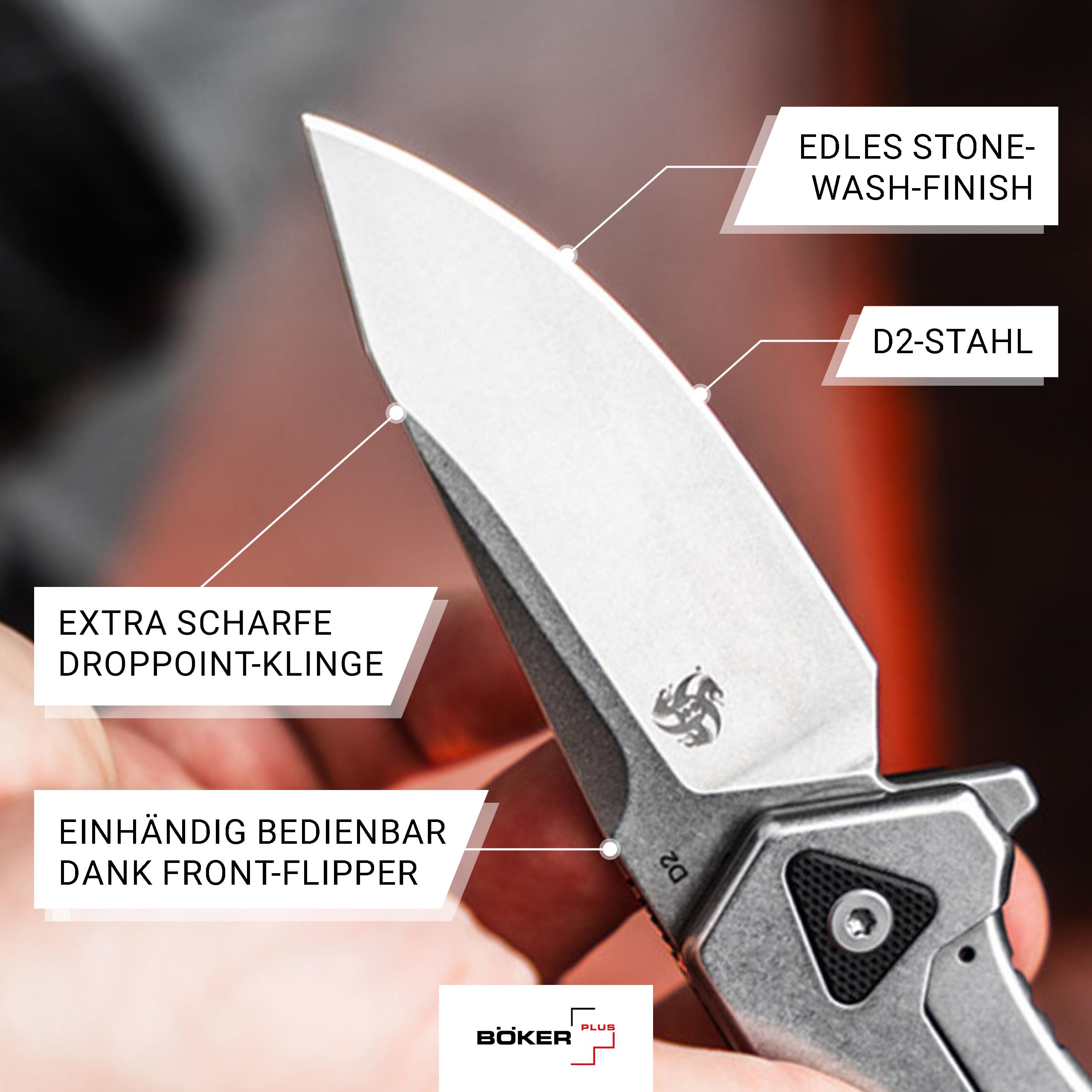 BÖKER PLUS® Gemtek Black G10 - Taschenmesser mit Flipper - Tactical Framelock Folder Knife - Einhandmesser mit D2 Droppoint Klinge legal - 1 Hand Klappmesser taktisch mit G10 Griff schwarz & Clip