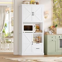 HOCSOK Kitchen Cupboard, 193cm Tall Pantry Cupboard with Microwave Stand & Small Appliance Shelf, 3 Farmhouse Style Doors, 2 Smooth Drawers, Kitchen Cabinet for Living Room & Dining Room, White