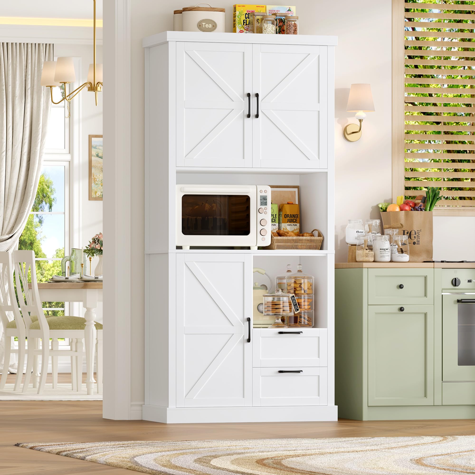 HOCSOK Küchenschrank, 193 cm Küchenbuffet Buffetschrank Weiß, 7 Staufächer | Vorratsschrank Küche mit 3 Türen und 2 Schubladen für Küche, Schlafzimmer, Wohnzimmer und Esszimmer, 193×80×40 cm