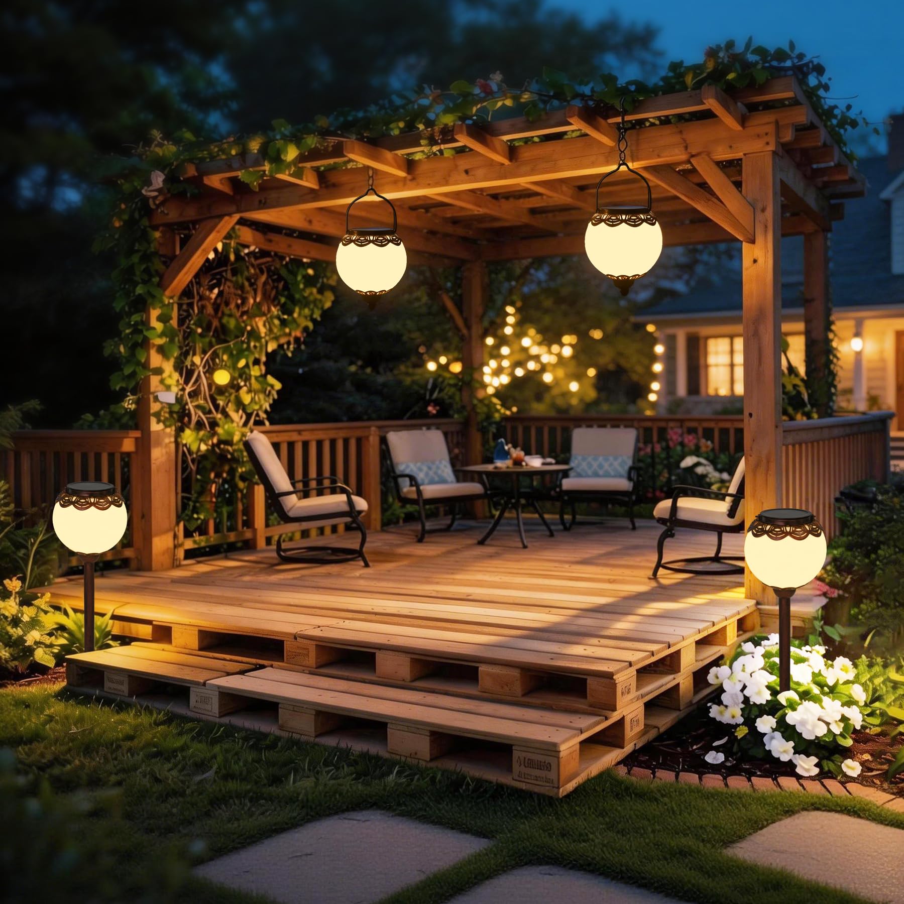 4 Stück Solarlampen für Außen Hängend mit Erdspieß, Solarlaterne für Außen Vintage, IP65 Wetterfest Solar Laterne Outdoor Warmweiß für Hof Rasen Hinterhöfe Veranda Deko, Weihnachtsgeschenke Frauen