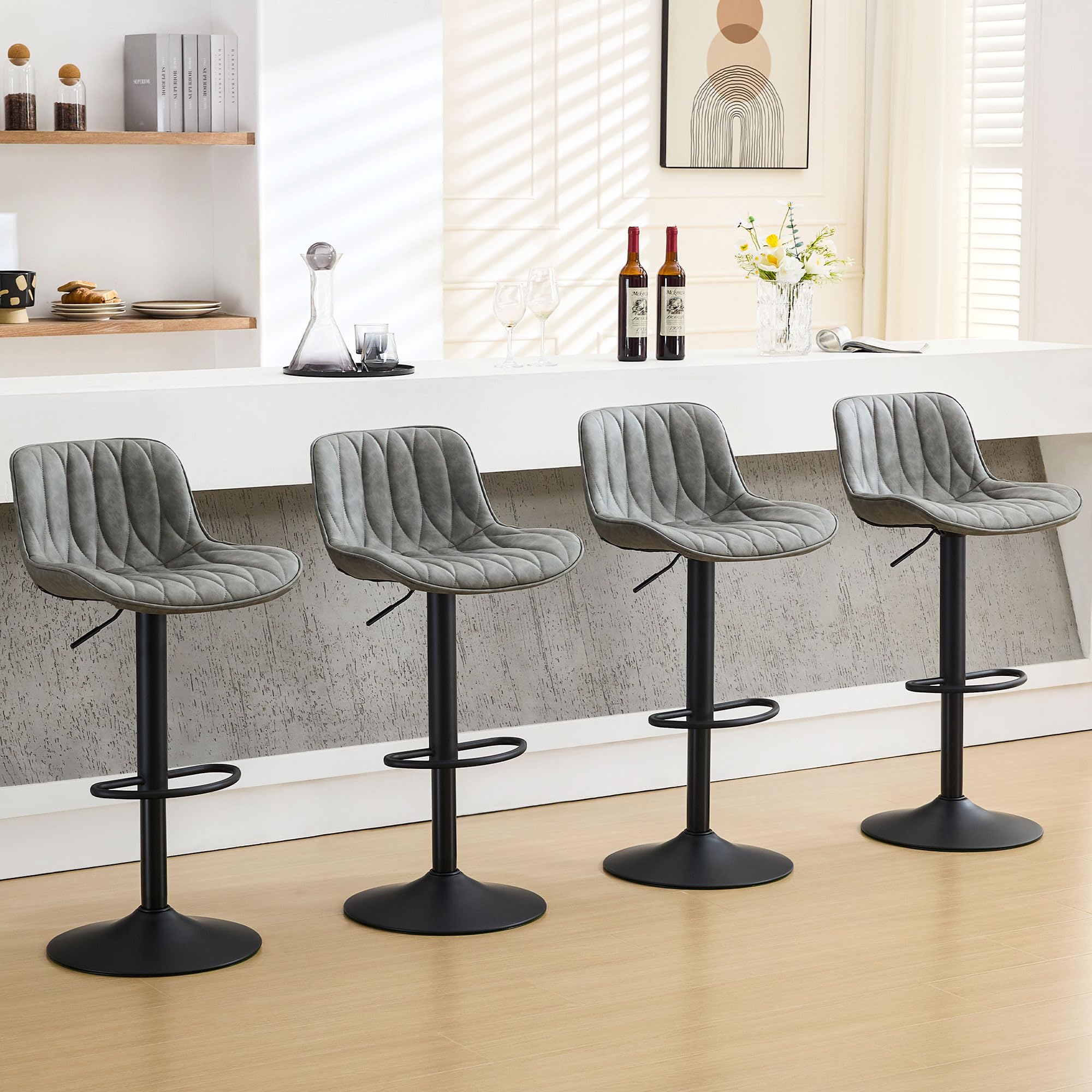 FIRAVOE Bar Stools with Back Set of 4, Grey Counter Height Bar Stools, Adjustable Bar Stool 25"-33", Modern Faux Leather Barstool for Kitchen Island (