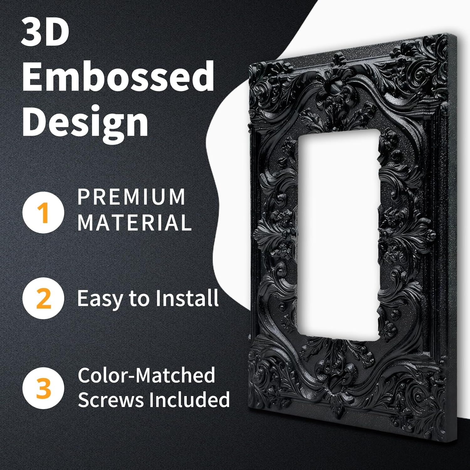 Decorative Outlet Covers Black Luxury 3D Embossed Ornate Floral Design 1 Gang Rocker Light Switch Cover Plate Single Decora Light Switch Covers Wall Plate Faceplate for Elegant Home Decor
