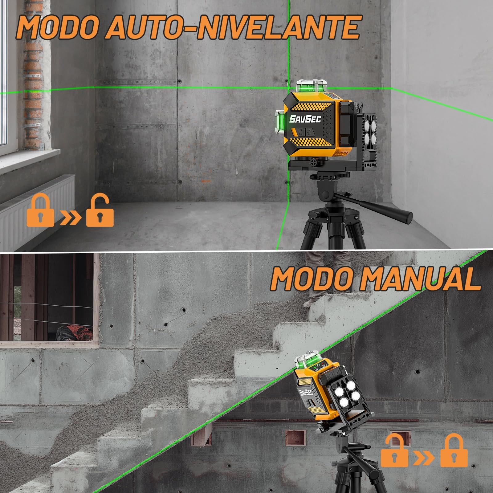 Laser a linee incrociate SAVSEC 3x360, laser a linee autolivellanti verdi 3D con modalità a impulsi, luminosità regolabile su tre livelli fino a 10 ore con batteria al litio ricaricabile (703CG-S)
