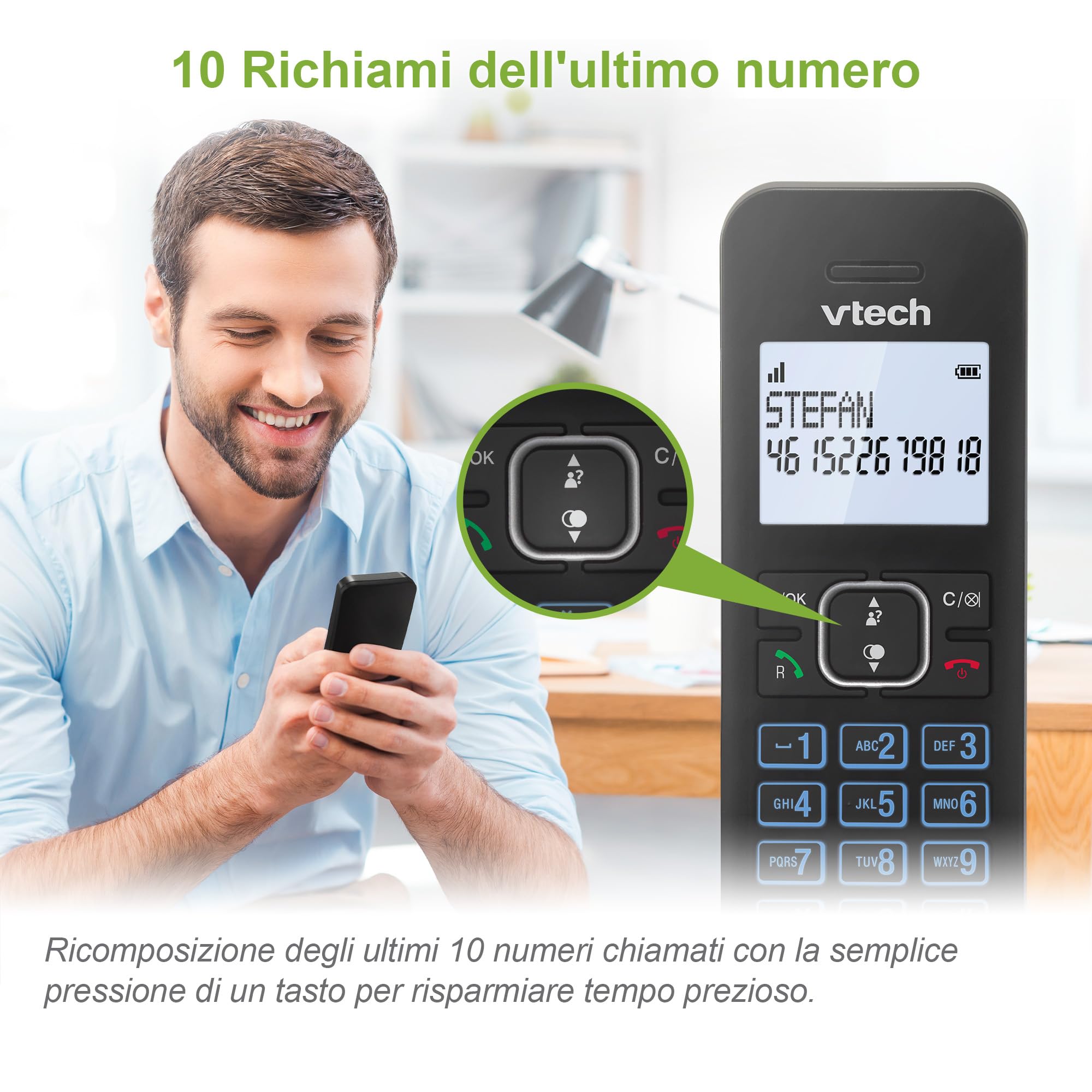 VTech LS1000 Telefono cordless Casa con vivavoce, telefono fisso DECT, doppia ricarica, identificatore di chiamata/attesa, display e tastiera retroilluminati, modalità ECO, 50 Rubrica nomi e numeri
