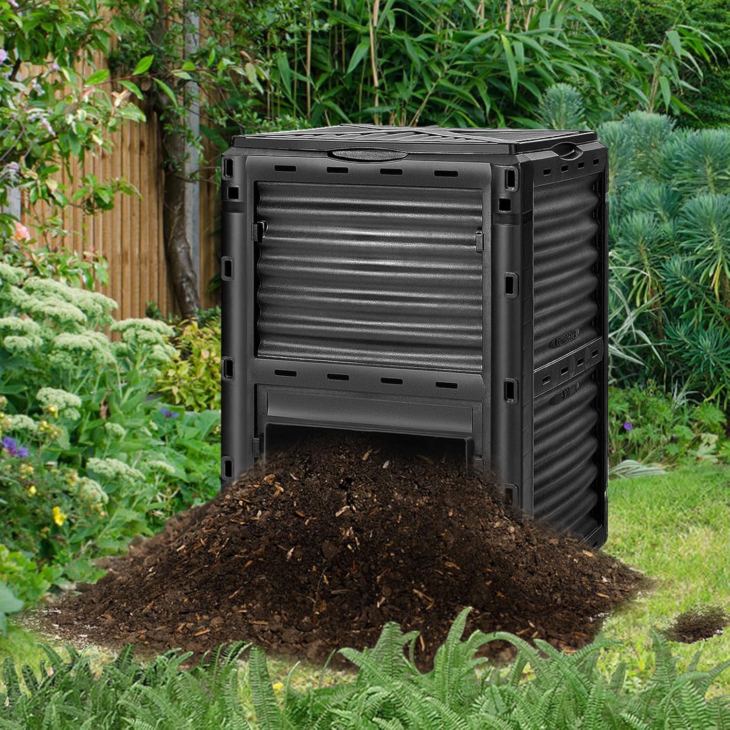 Happygrill Outdoor Compost Bin, Composting Box w/Top Flip Latch-on Lid,80 Gallons Composter for Kitchen Waste & Garden Scraps, Compost Barrel for Fast Creation of Fertile Soil (Black)
