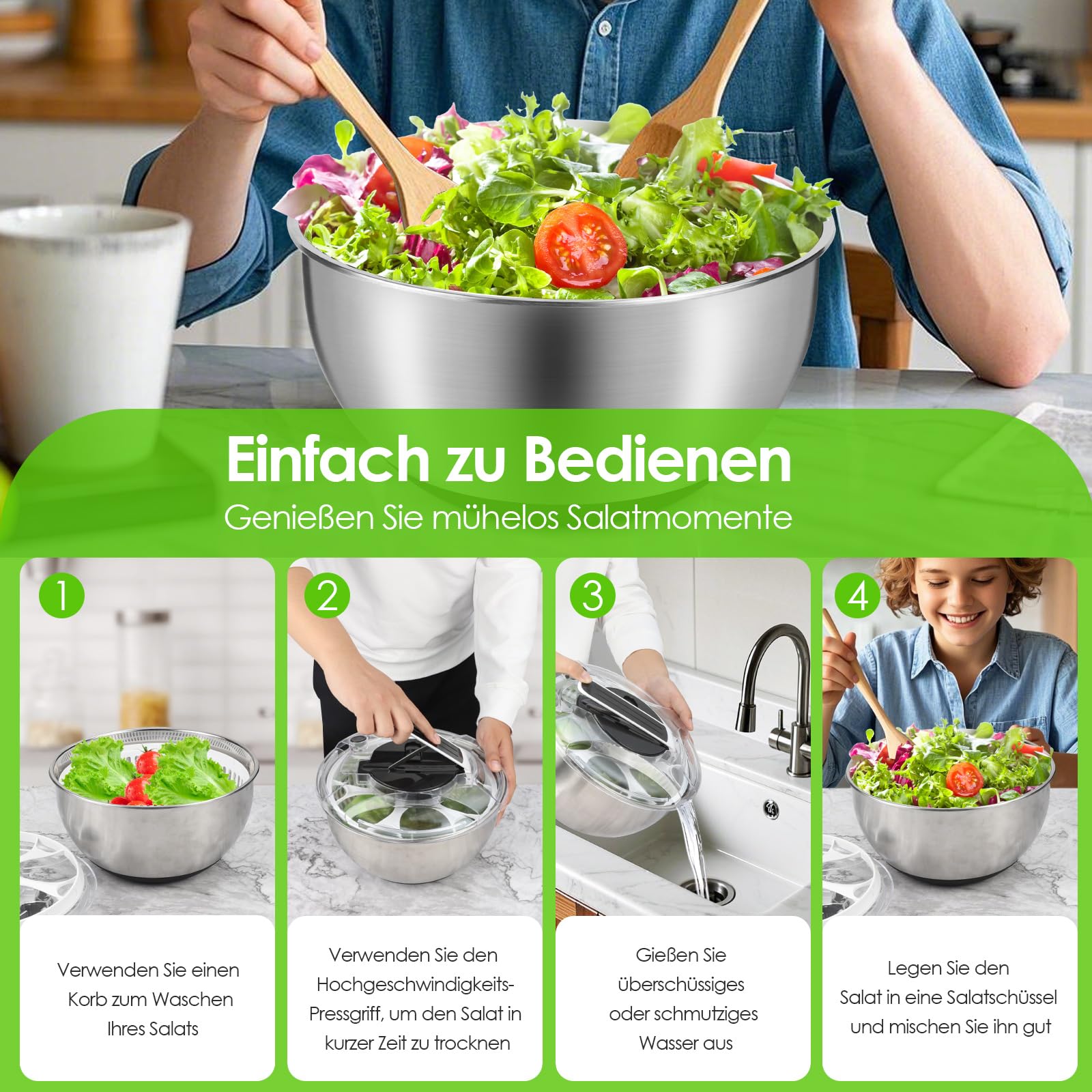 Salatschleuder Edelstahl Groß 4,5L, Push-Typ Salatschleuder mit Deckel, Rutschfestem Boden, Salad Spinner Zum Waschen und Abtropfen von Salaten, Abgießen von Nudeln usw