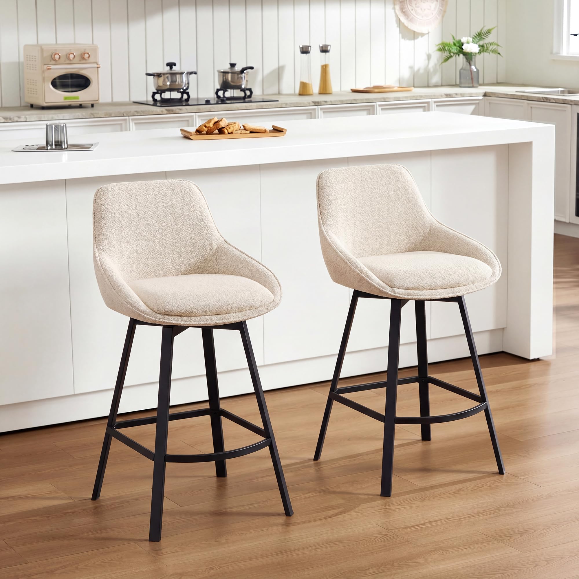 Zesthouse Swivel Breakfast Bar Stools Set of 2 with Metal Legs, Beige