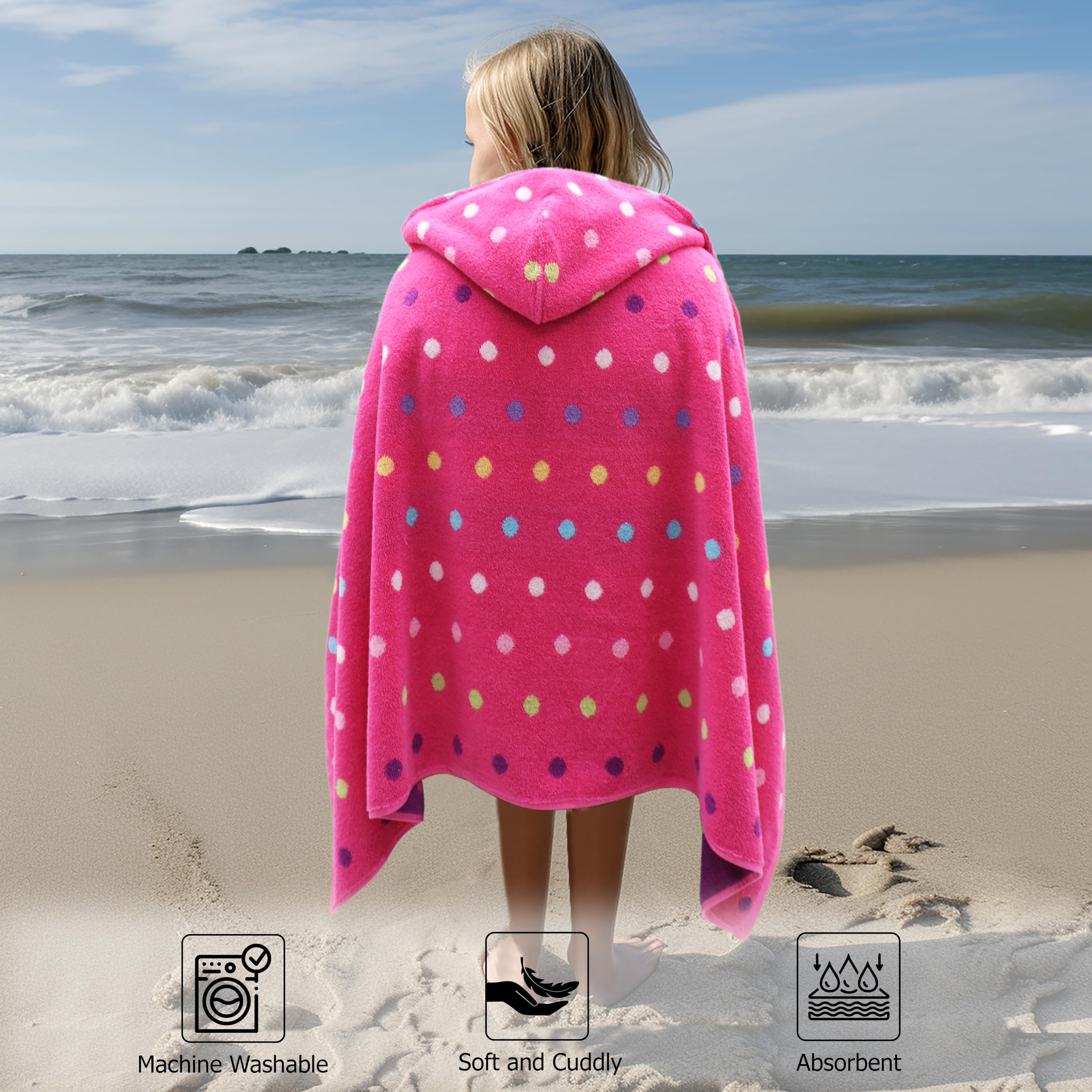 ORIGINAL KIDS Hooded Bath Towel Wrap - 100% Cotton Jacquard Reversible Large Hooded Kids Towel - Toddler Shower Pool Beach Towel - Soft Plush Absorbent Quick Dry Easy Care Gift -26x50- Pink Multicolor