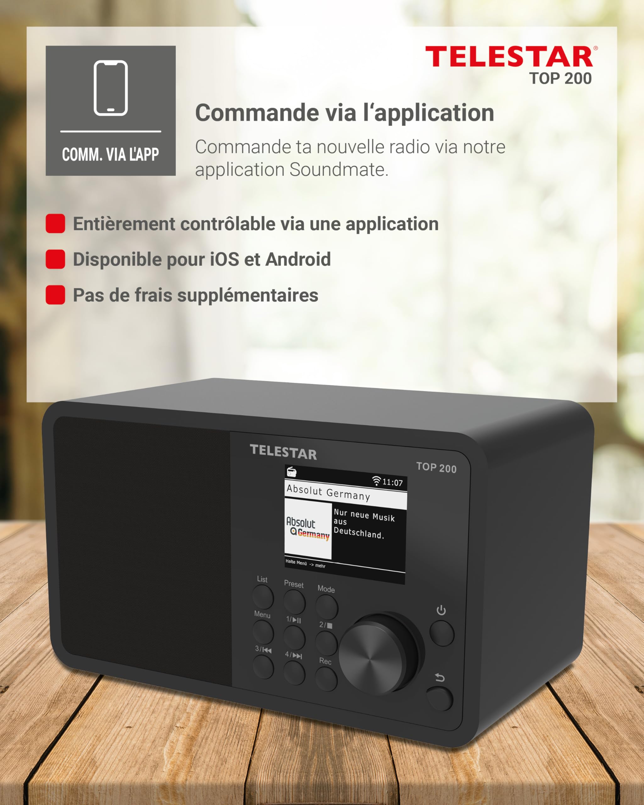 TELESTAR Top 200 – Radio Dab Plus -Internet (Mono, 10 W, Bluetooth Audio-Streaming & Fonction émetteur, Enregistrement USB, système d’Alerte d’Urgence, contrôle Via Application) – Noir