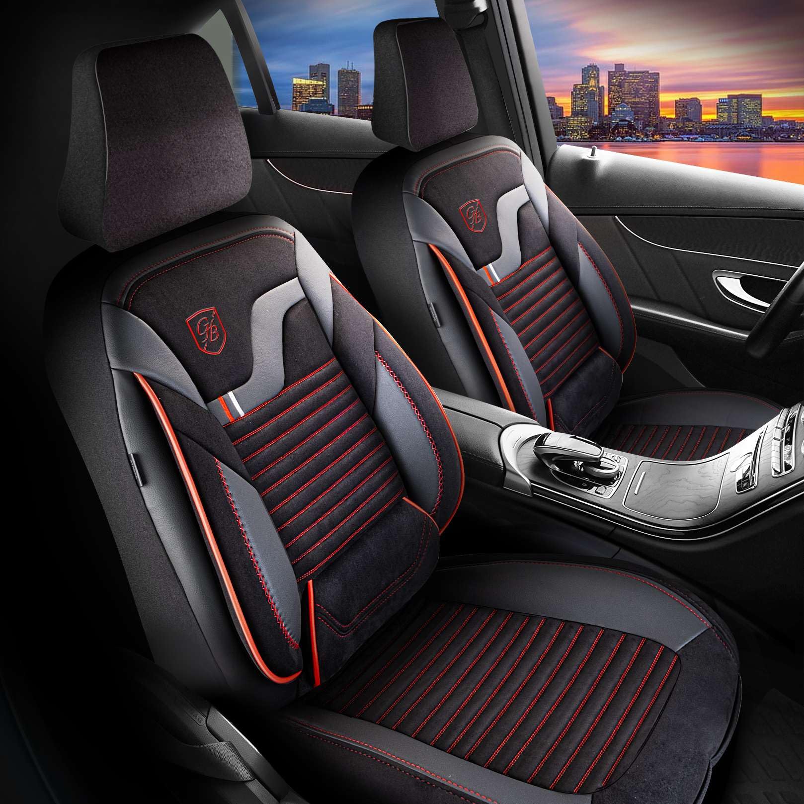 Autositzbezüge Universal für PKW & SUV – Premium Vordersitze Auto Sitzbezug aus Velours, Schwarz-Rot, Airbag-Kompatibel Sitzauflage, Autoschonbezug, Vordersitz-Set inkl. Montageset