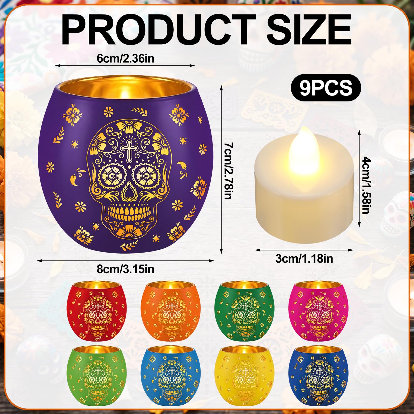 Meanplan Set di 9 portacandele votivi con LED Dia De Los Muertos messicano portacandele con teschio di zucchero e fiori incisi, centrotavola da tavolo per Halloween, carnevale, decorazione per feste
