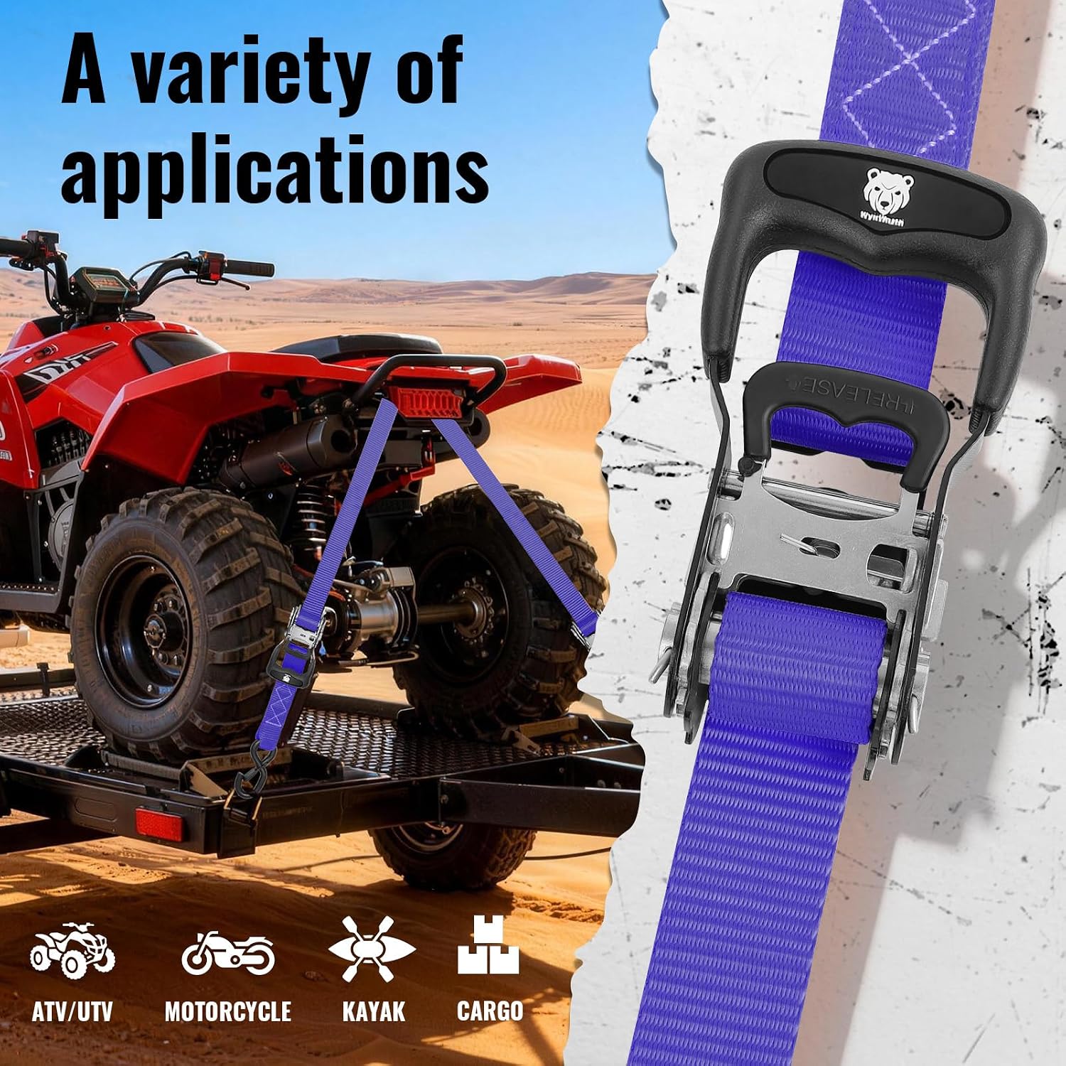 4 Pack Ratchet Straps,Heavy Duty Powersports Tie Downs Load Straps,5208lbs Break Strength 1.5in x 8ft with Safety S Hooks and Soft Loops for Motorcycle Truck Cargo Roof Rack, Blue-Viole