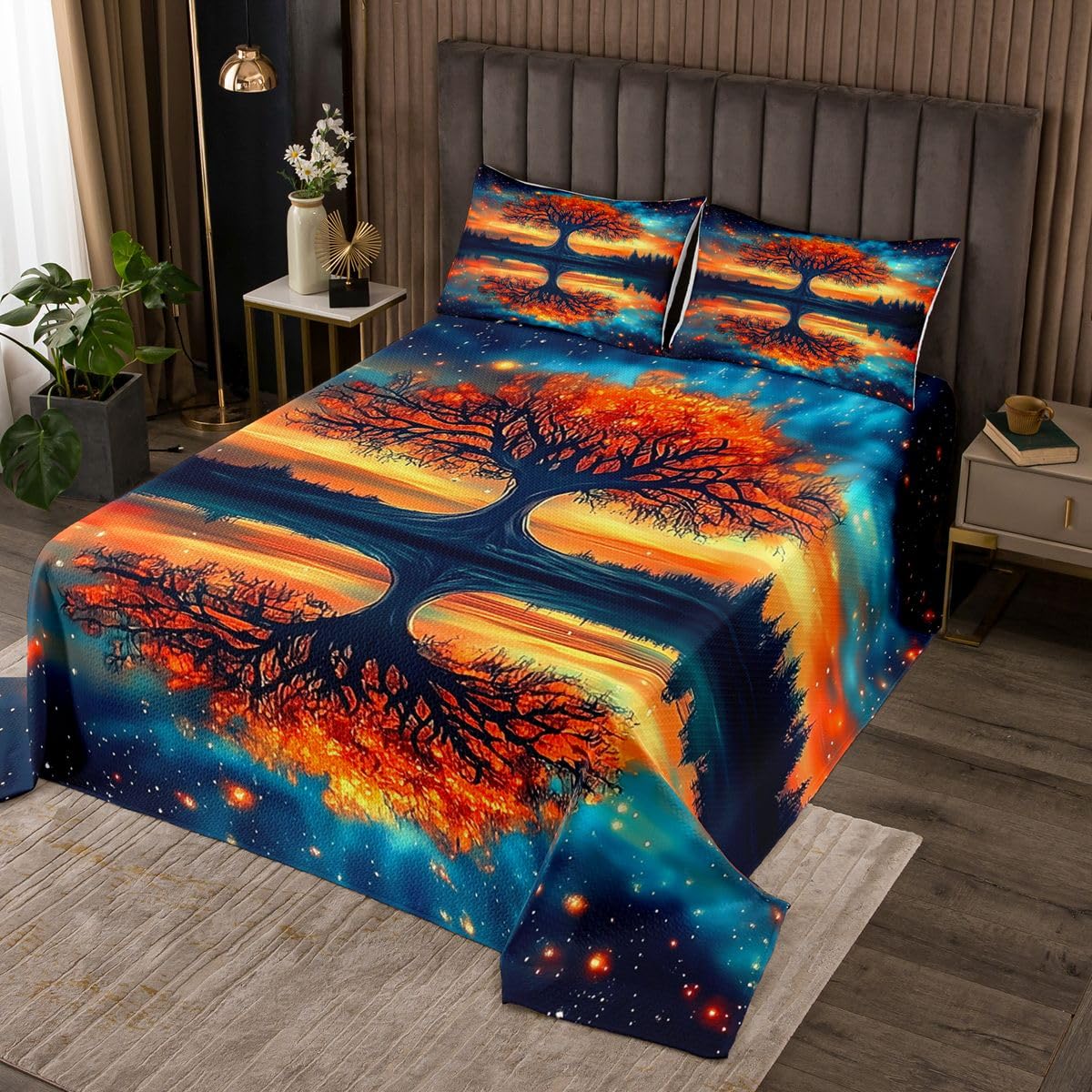 Narzuta w stylu retro, z motywem drzewa, 1 poduszka, marzycielska galaktyka, naturalny krajobraz, kołdra dla dzieci, nastolatków, styl boho, egzotyczne drzewo, zestaw pościeli, rozmiar S