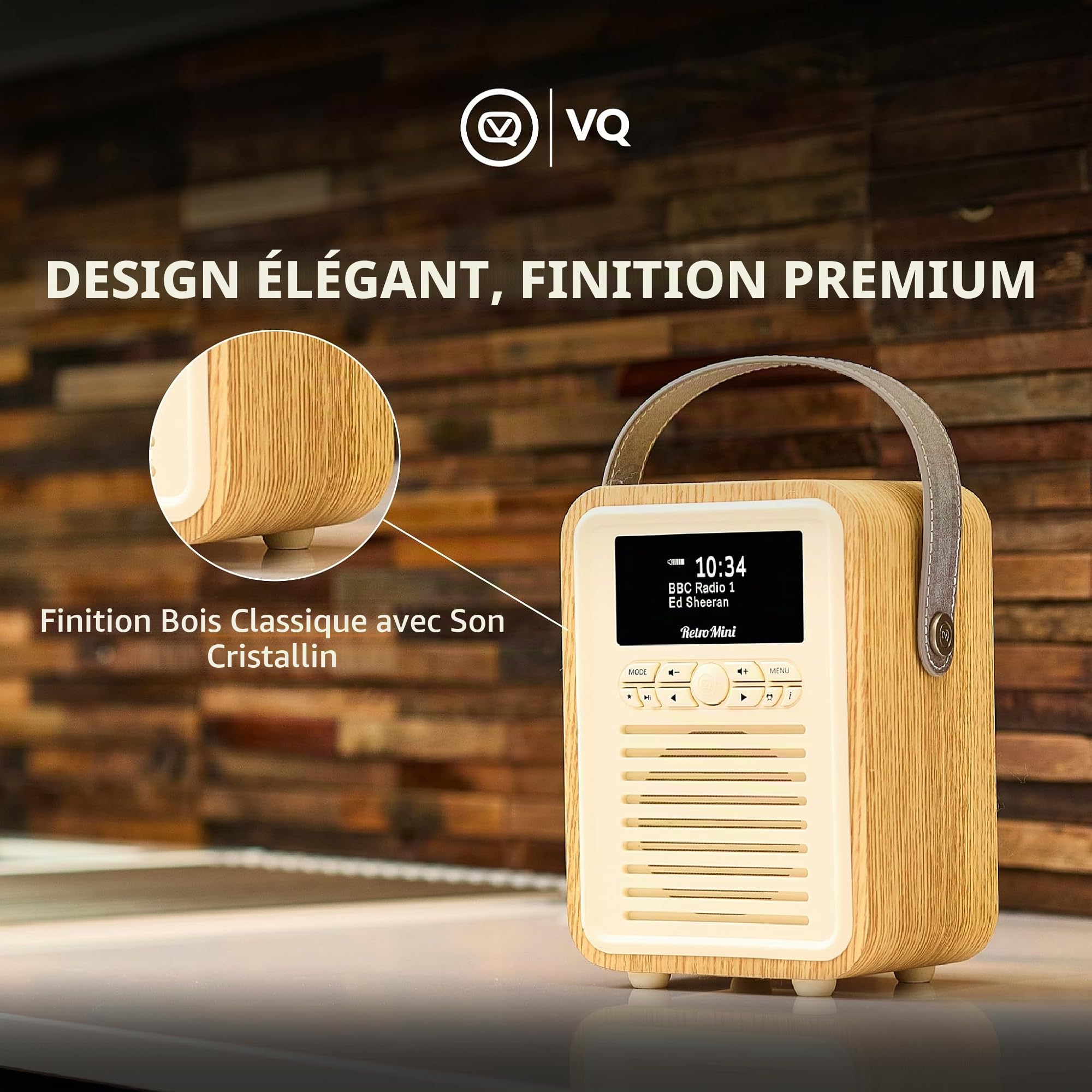 VQ Retro Mini Radio Dab Plus/Dab avec Bluetooth, FM et Radio Réveil Fonction - Alimentée par Secteur et Batterie Radio Portable avec Antenne, Prise Casque et Port de Charge USB – Chêne