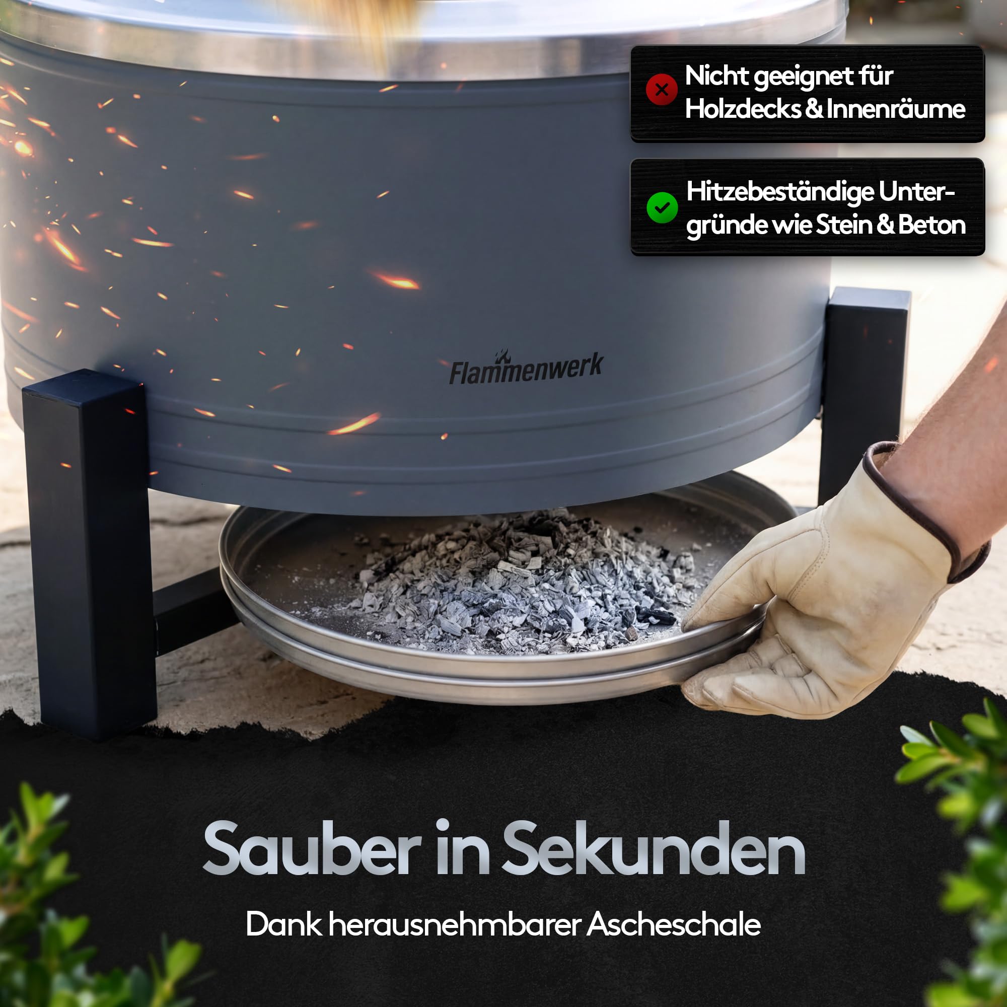 Rauchfreie Edelstahl Feuerschale Ø 56 cm| Raucharm Dank Turbo-Brenner | 2-in-1 Feuerstelle & Grill für Garten, Camping & Terrasse | Feuertonne & Feuerkorb für Holz & Pellets ohne Rauch Flammenwerk