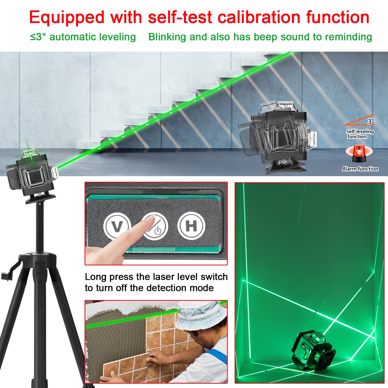 Weytoll Livello laser 16 linee 3° autolivellante IP54 Set di strumenti impermeabili per la casa con 2 batterie al litio ricaricabili Treppiede regolabile in altezza da 1,2 m