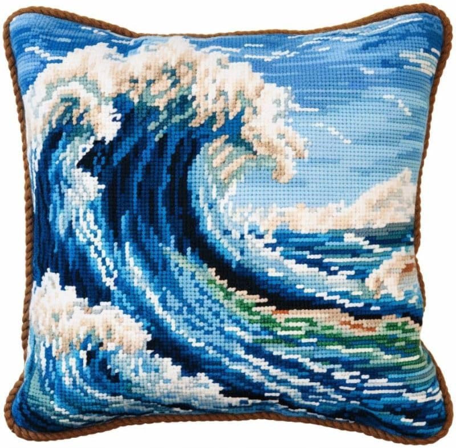 ANSIWEIGO Ocean Water Wave Latch Hook Pillowcase Kits for Adults and Starter DIY Cushion Cross Stitch Latch Hook Rug Kits with Pre Printed Canvas Crochet Yarn Kits Needlework Crafts,17x17inch/43x43cm