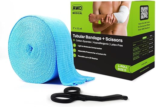 Elasticated Tubular Support Bandage - Reusable Compression Wrap for Joint Pain Relief - Stockinette Tubing for Large Arm/Medium Ankle/Small Knee - Blue Size D - 3 inches x 11 Yards + Scissors