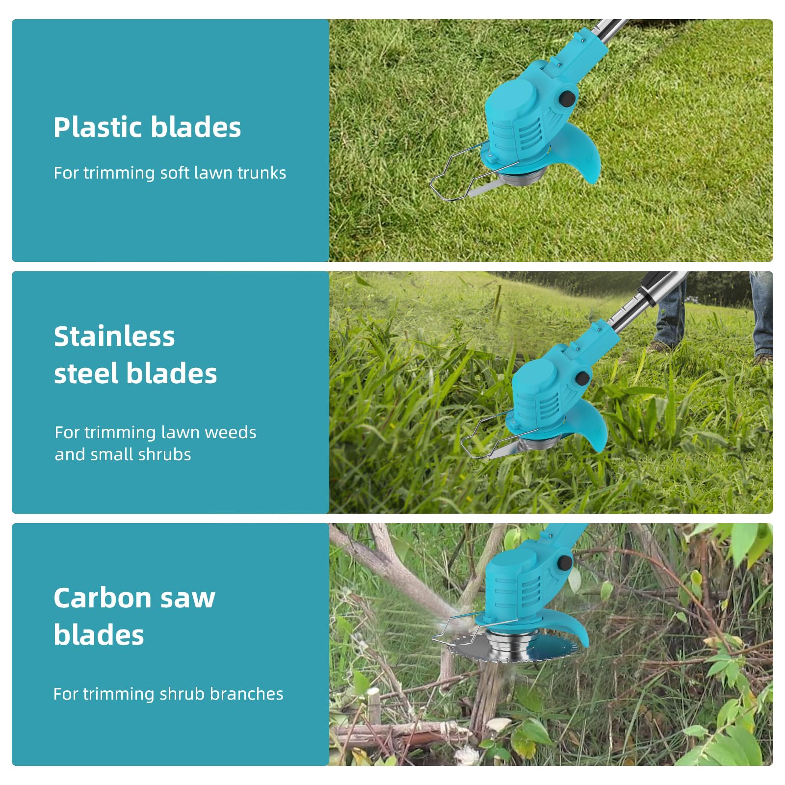 Cordless Grass Strimmer, 21V Strimmer Cordless with 2 X 2000mAh Battery and Charger, 3 Types 16 Blades, Garden Trimmer Telescopic Lightweight with Roller, 7800/min, for Gardens, Park Lawns — view 5