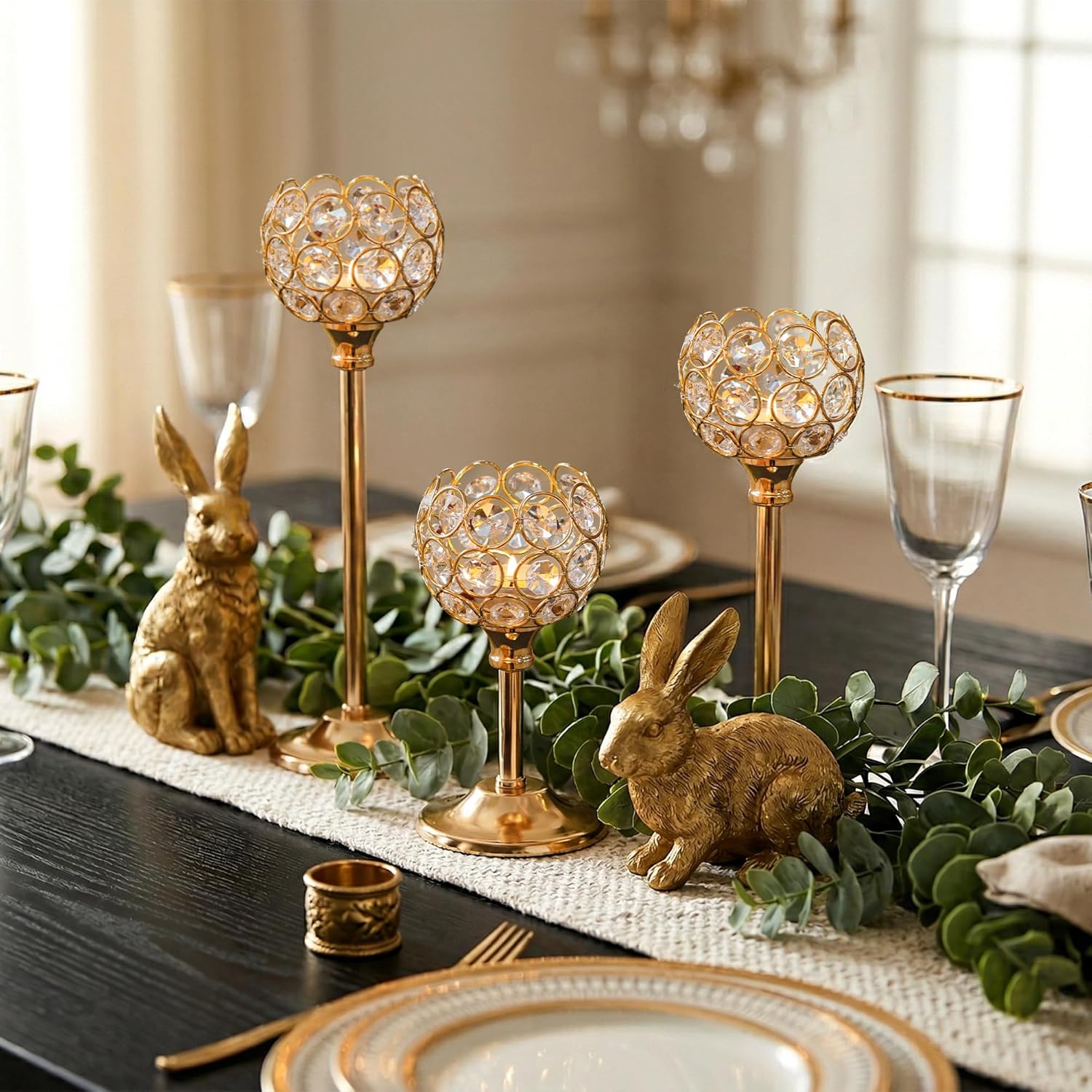 12pcs Bulk Gold Crystal Candle Holder Set, 3 Sizes Tealight Candlestick Holders, Elegant Candelabra for Wedding Table Centerpiece, Fireplace, Home & Living Room Decor