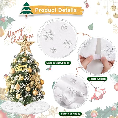 Miniatura 44 de Falda de árbol de Navidad de 36 pulgadas, faldas blancas de piel sintética con copos de nieve de lentejuelas doradas, falda de árbol de felpa suave