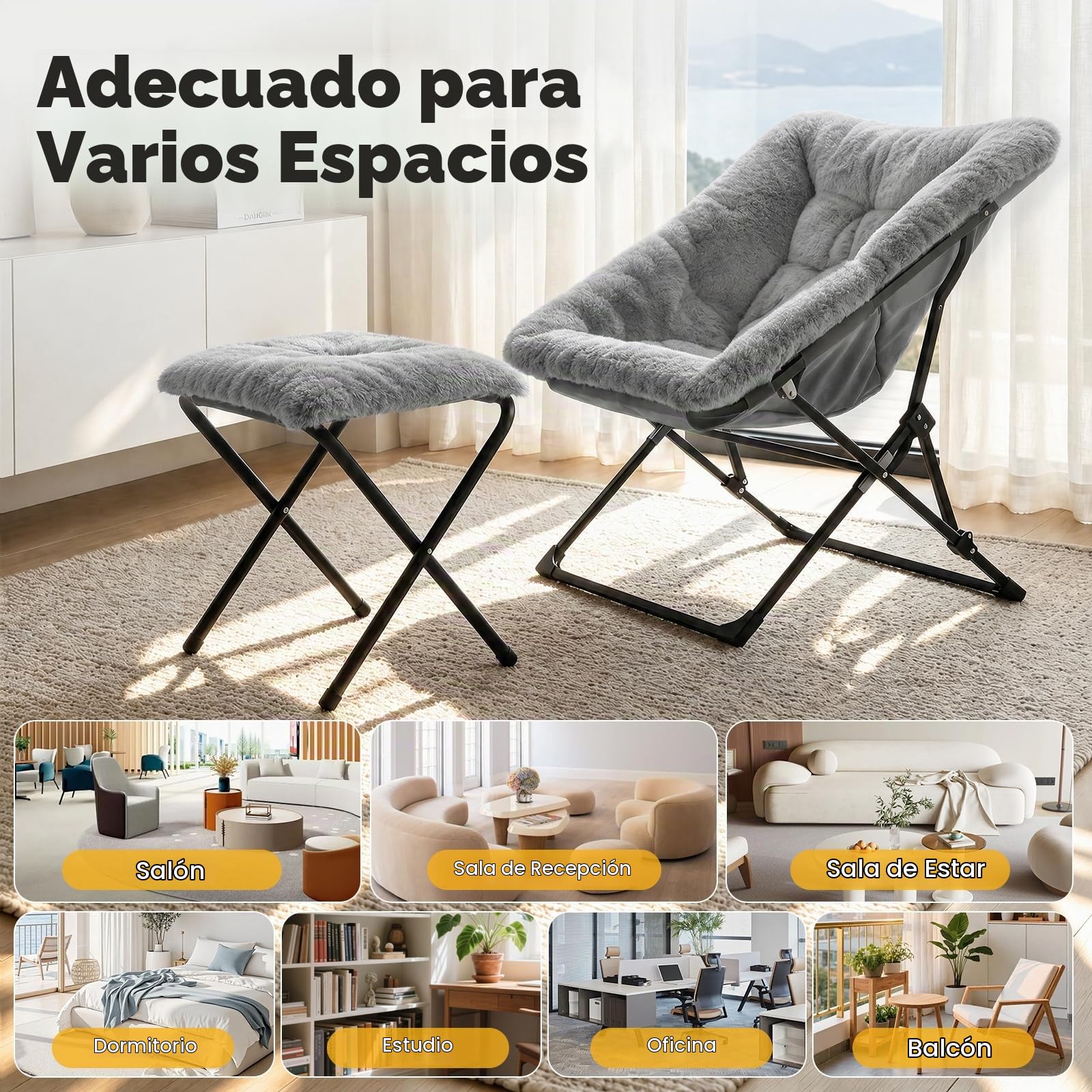 Sillón plegable con reposapiés de 150 kg, forro polar, color gris