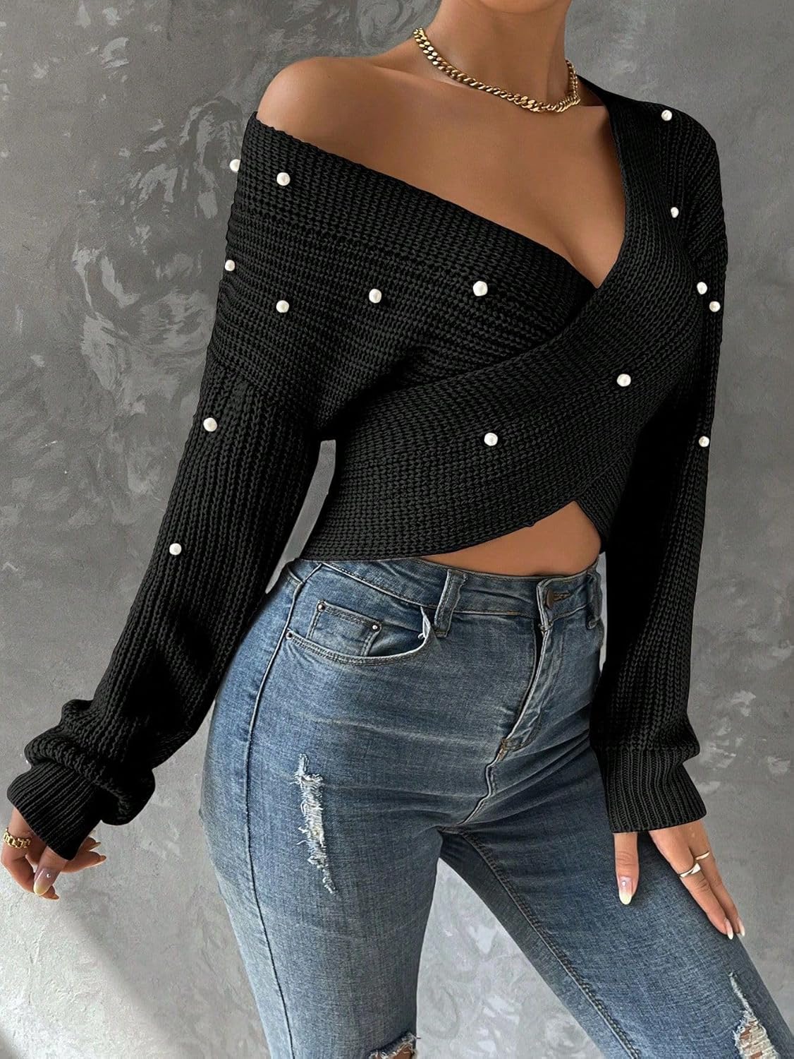 Women's Sexy Off-Shoulder Wrap Sweater V-Neck Long Sleeve Pearl Embellished Criss Cross Knit Cropped Pullover Top - Image 6