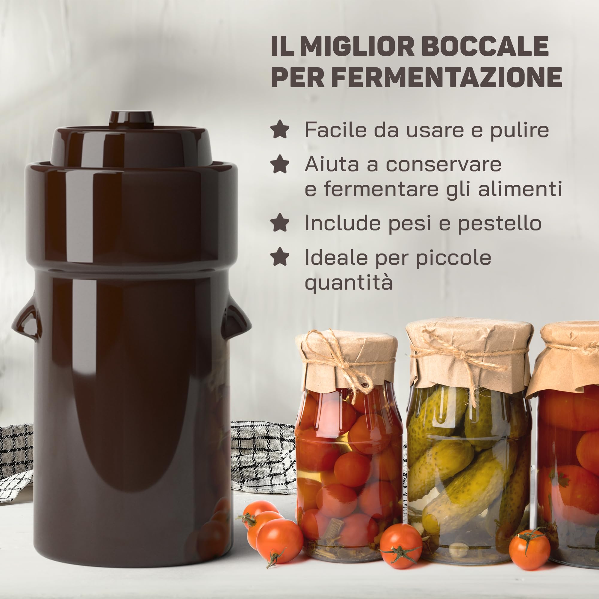 Kenley Barattolo per Fermentazione da 4 Litri - Vaso in Gres per Fermentare o Mettere in Salamoia Kimchi, Crauti, Sottaceti, Verdure, Kombucha - Fermentatore in Ceramica con Pesi, Coperchio e Pestello