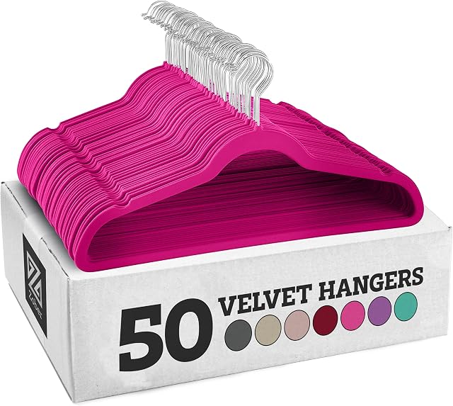 ZOBER Velvet Coat Hangers - 50-Pack, Premium, Non-Slip Hangers for Clothes - Velvet Clothes Hangers w/ 360 Degree Swivel Hook - Coat Hangers for Trousers, Dresses, and Coats - Pink