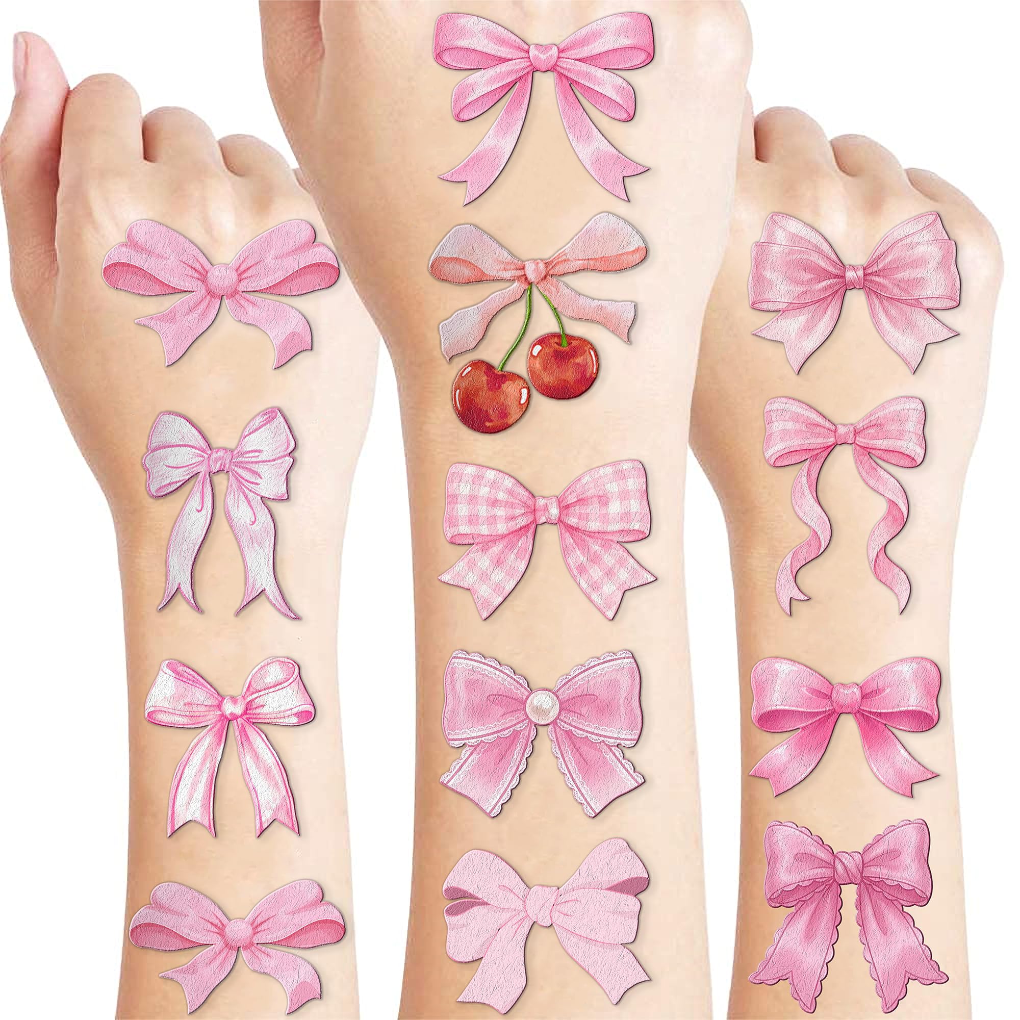 96 PCS Pink Bow Pre-Cut Temporary Tattoos for Girls Normal