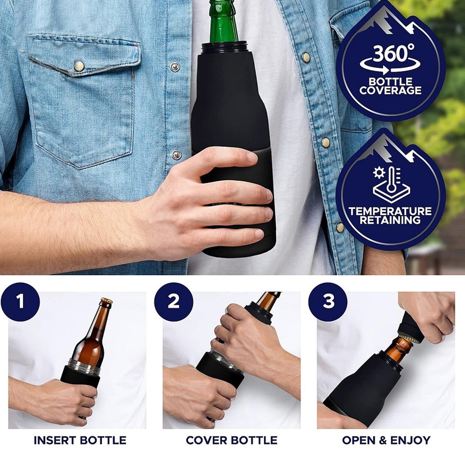 Raffreddatore per bottiglie di birra, 3 in 1, con apribottiglie, 350 ml, sottile, isolante, in acciaio inox, isolamento sottovuoto, a doppia parete