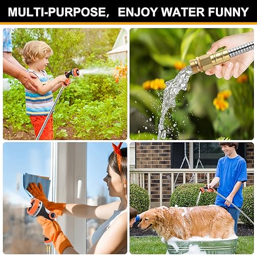 Miniatura 7 de Manguera de jardín de metal de 25 pies de bala de cobre, manguera de agua de acero inoxidable resistente con boquilla rociadora de 10 funciones, a