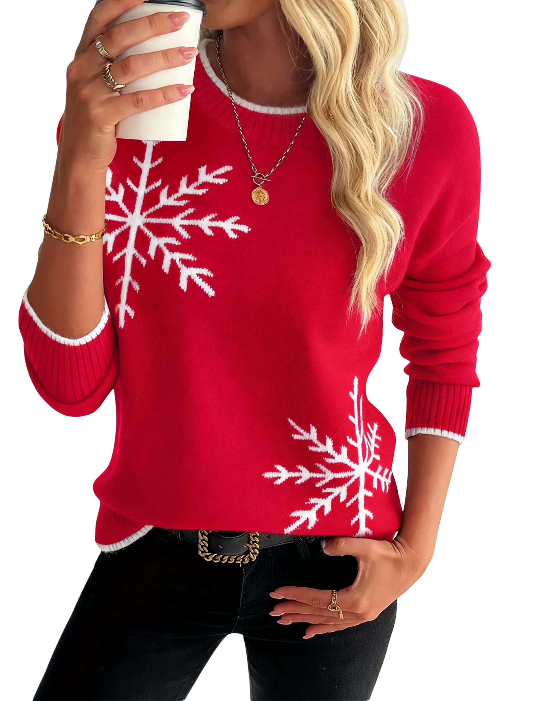 Demegimi Pullover Damen Schneeflocken Weihnachtspullover Rundhals Elegant Strickpullover Herbst Langarm Oberteile Winter Pulli Sweatshirt