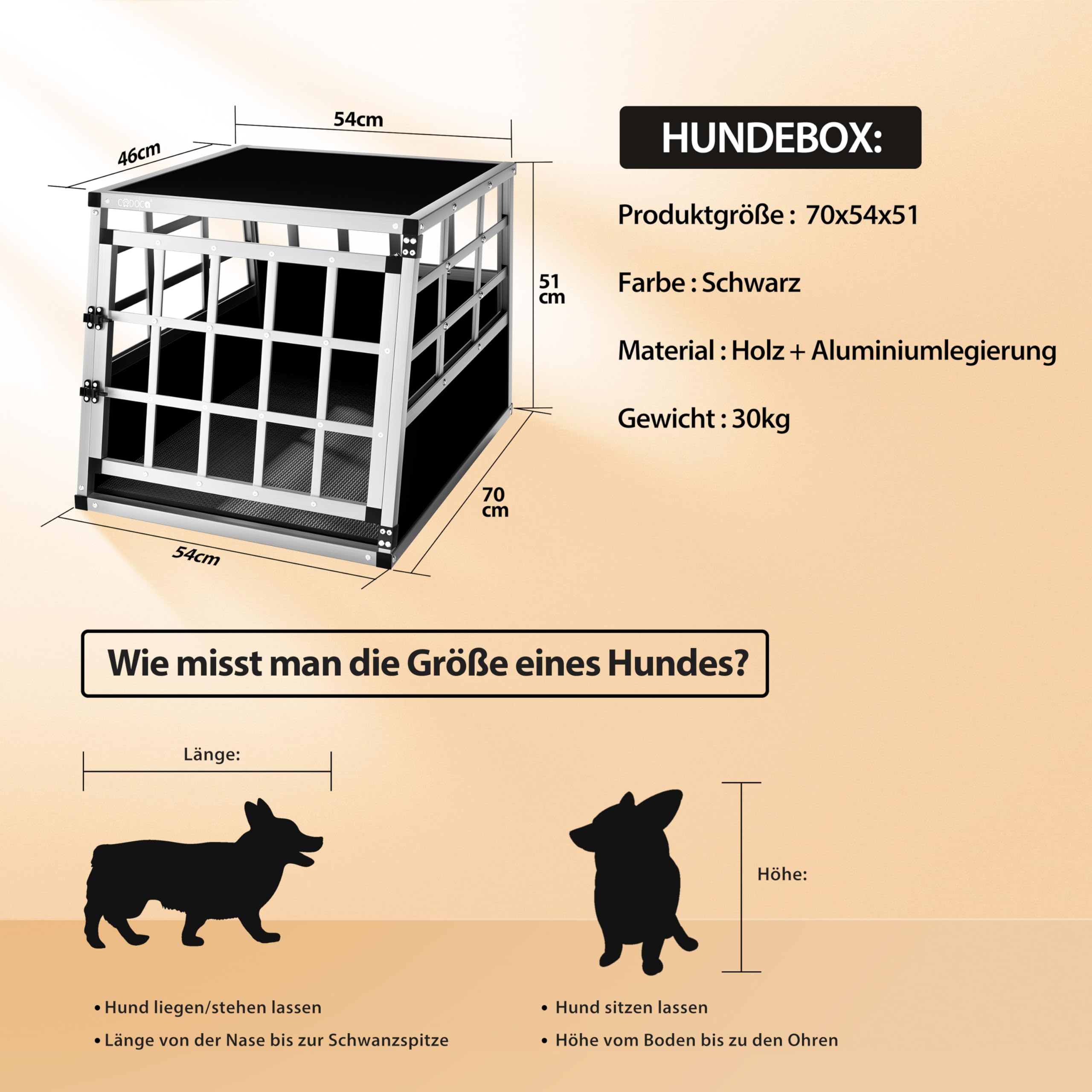 CADOCA® Hundetransportbox Aluminium Hundebox Kofferraum robust verschließbar trapezförmig M 54x70x51cm Reisebox Autobox Tiertransportbox
