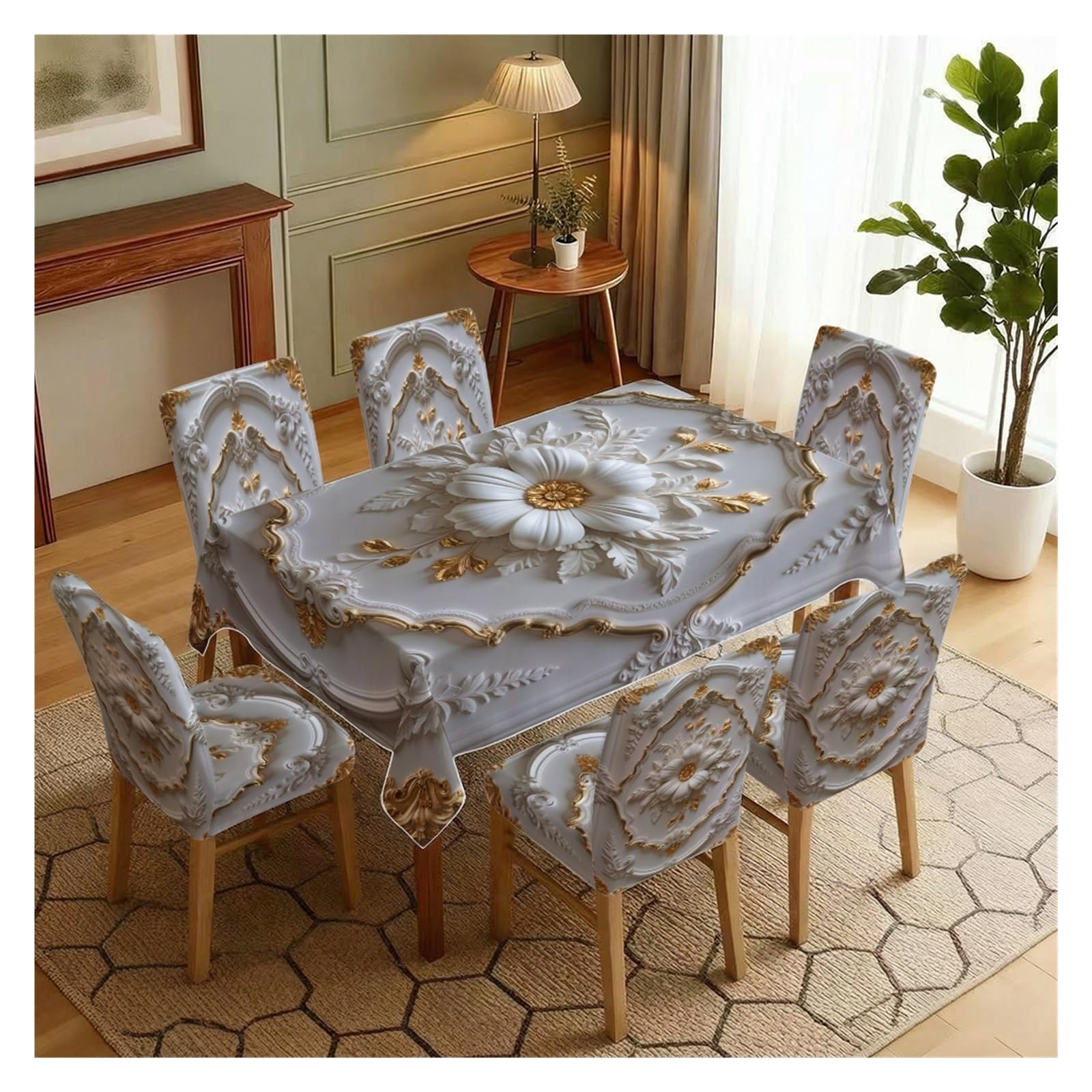 BOSUYBN Off White Base 3D Embossed Gold Baroque Floral Printed Dining Tablecloth & Chair Covers Set, 5/7 Piece Luxury Victorian Royal Home Decor Table Setting(7pcs Set: Tablecloth+Chair Covers)