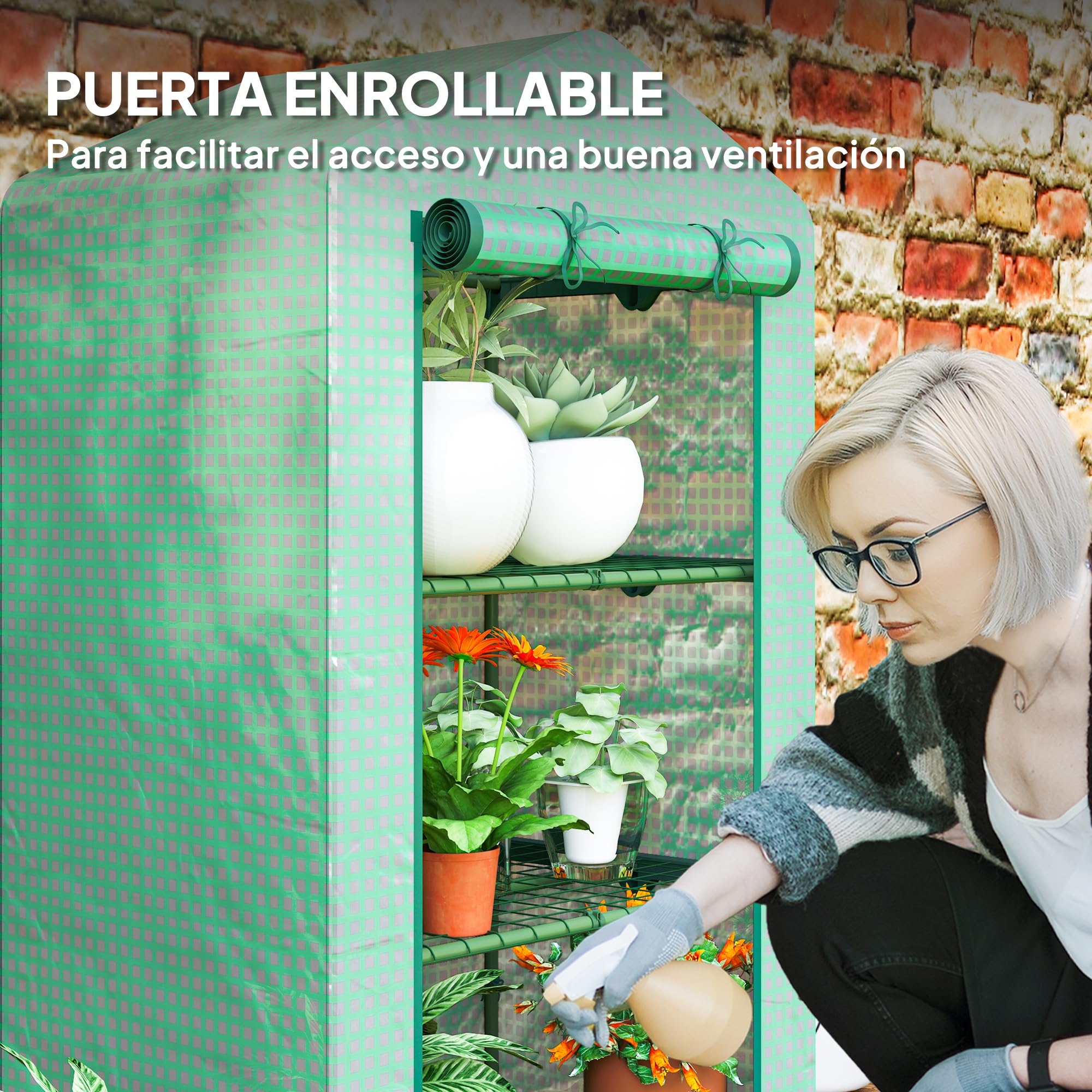 Outsunny Invernadero de Jardín de 3 Niveles, Invernadero de Exterior con 3 Estantes, Puerta Enrollable, Marco de Metal, Cubierta de PE, Anti-UV, Impermeable, para Terraza, Patio, 69x49x125 cm, Verde