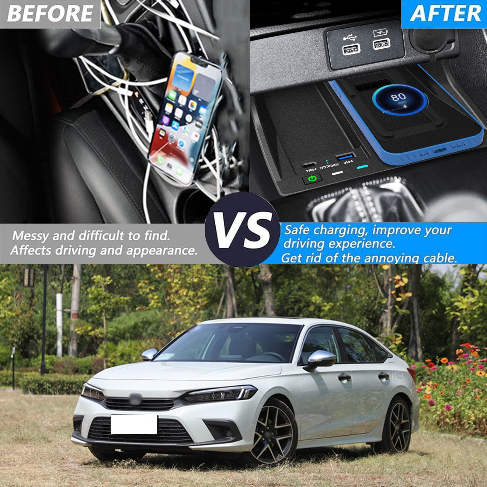 Caricabatterie Wireless per Auto per 11th Civic all Models Accessorio con 15w Wireless e 27w USB Qc3.0 Ricarica Rapida Regalo per la Famiglia